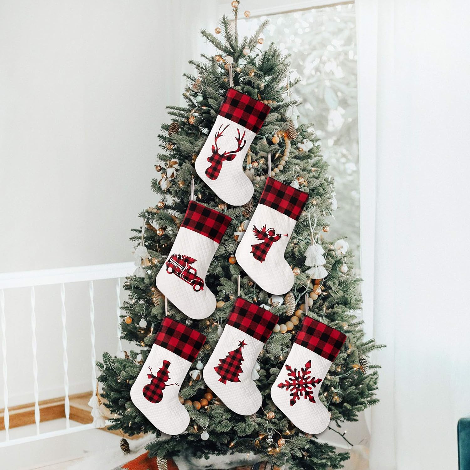 LUBOT Set of 8 Christmas Stocking(20inch) Silhouette Buffalo Red Plaid/Rustic/Farmhouse/Country Cotton Fireplace Hanging Xmas Stockings Decorations for Family Holiday Season Decor