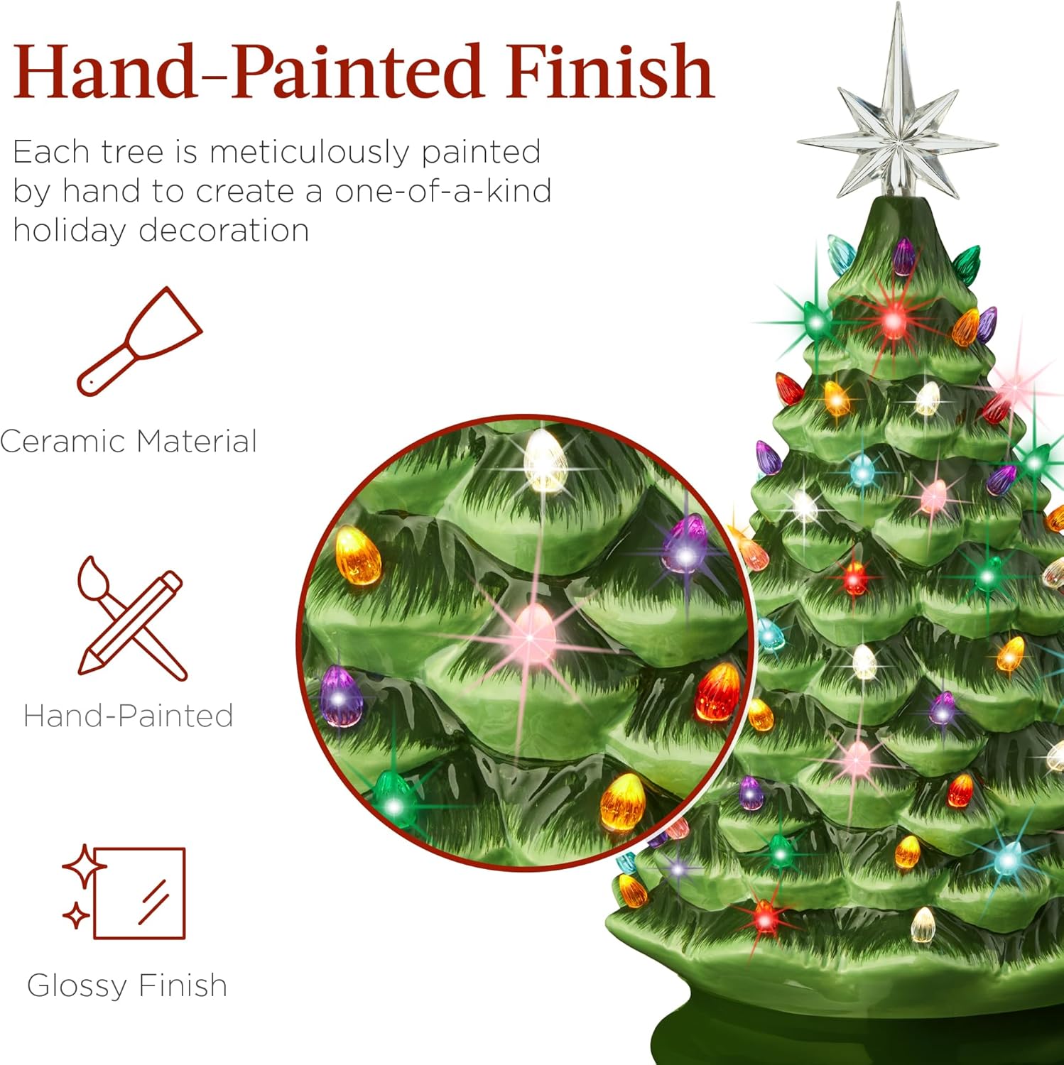 Best Choice Products 18in Large Ceramic Christmas Tree, Pre-lit Hand-Painted Tabletop Holiday Decoration w/Power Cord, 2 Star, 93 Multicolored Bulbs, LED Lights - Green