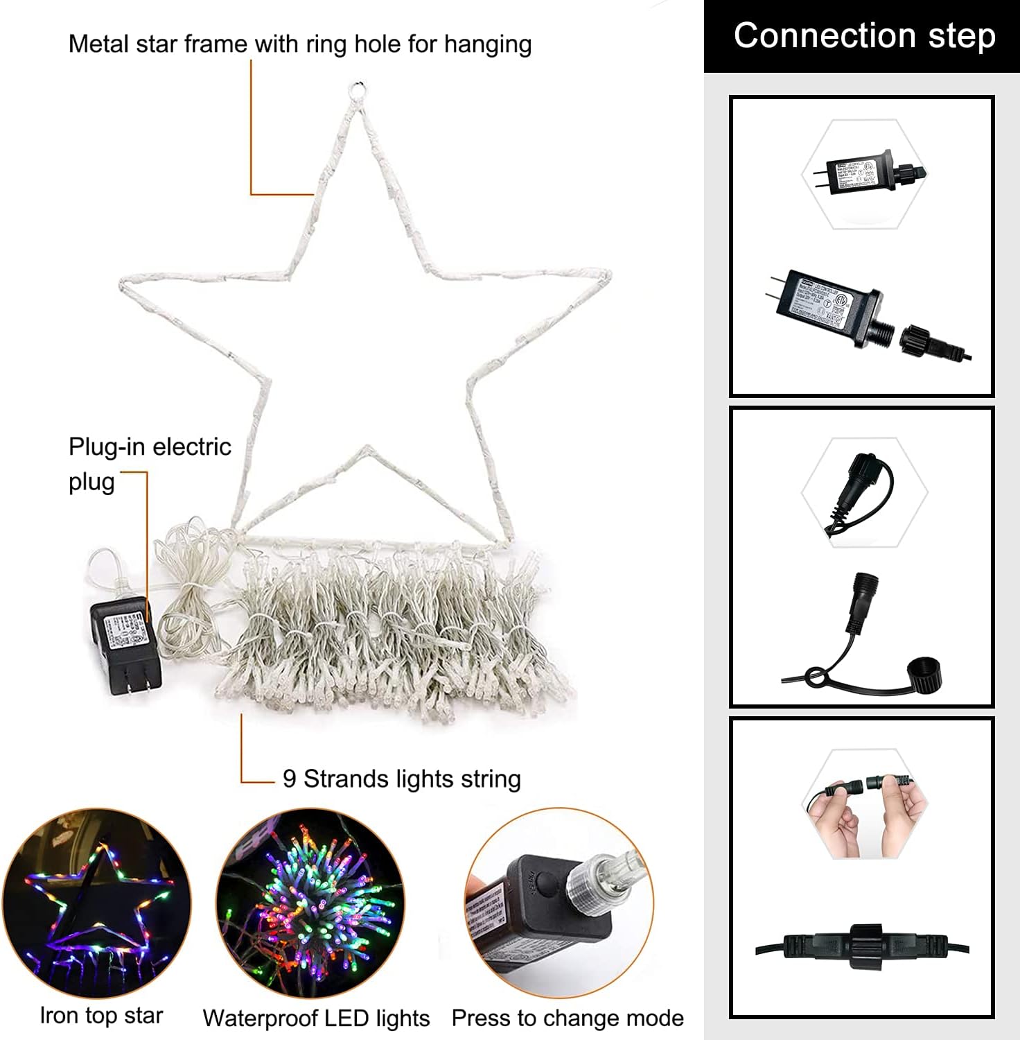 PUHONG Christmas Lights, Decorations Star Lights, 320 LED Christmas Tree Lights Outdoor, 16.4Ft String Lights, 8 Light Modes with 12 Lighted Star for Xmas New Year (Iron-Multicolor)
