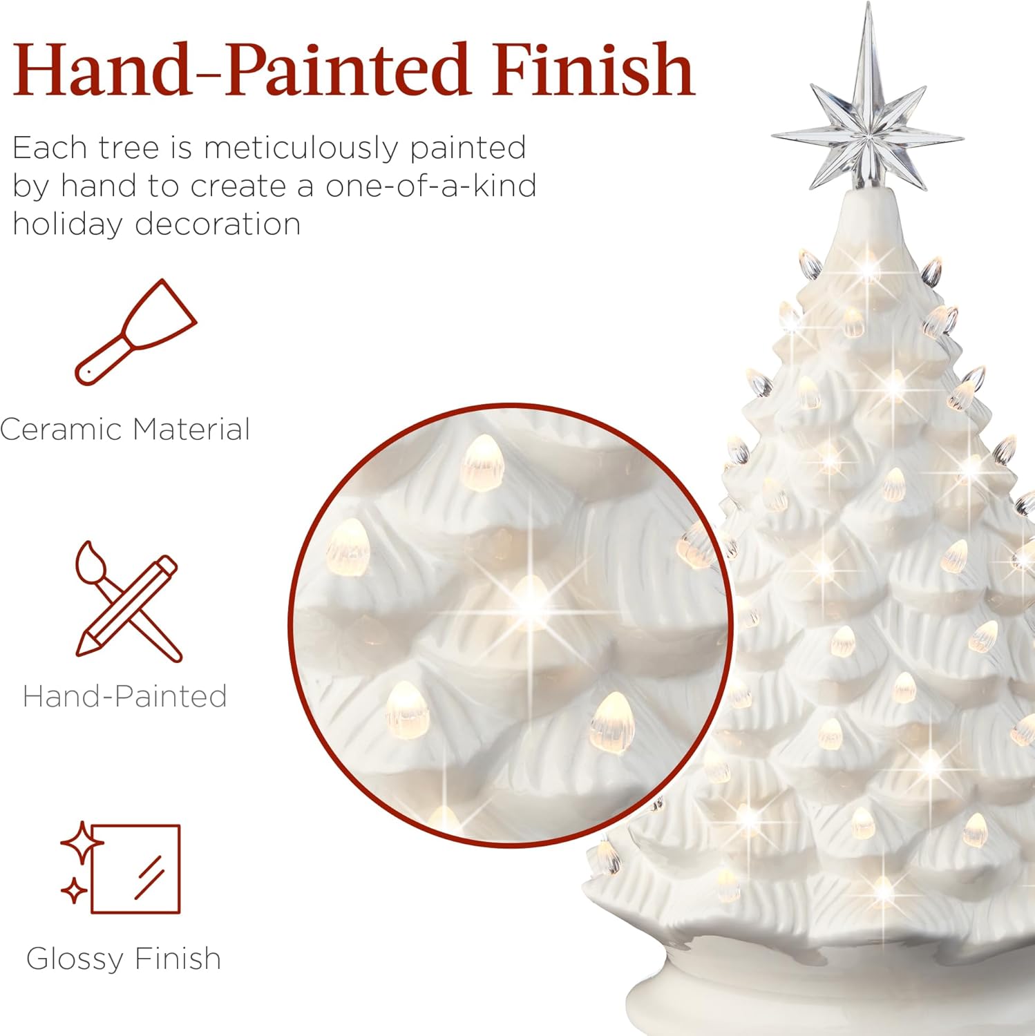 Best Choice Products 18in Large Ceramic Christmas Tree, Pre-lit Hand-Painted Tabletop Holiday Decoration w/Power Cord, 2 Star, 93 Multicolored Bulbs, LED Lights - Green