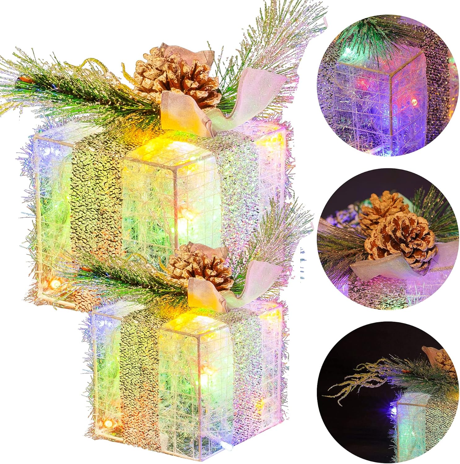 Hourleey Set of 3 Christmas Lighted Gift Boxes, Pre-lit 60 LED Light Up Present Boxes Ornament Outdoor Warm White Tinsel Boxes Decoration for Indoor Christmas Home Yard Lawn Decor