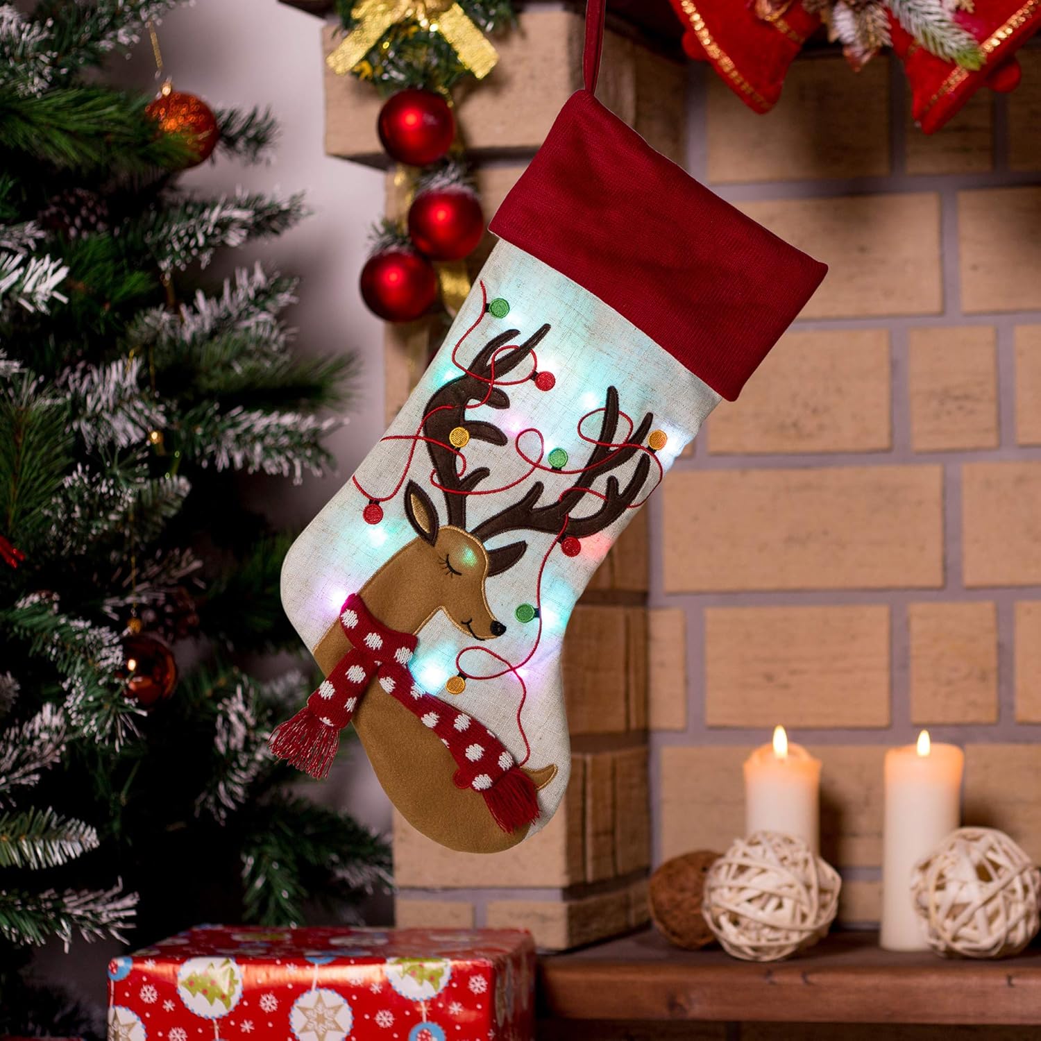 Glitzhome 19 L Handmade Hooked Dog Christmas Stocking for Family Holiday Season Party Decor
