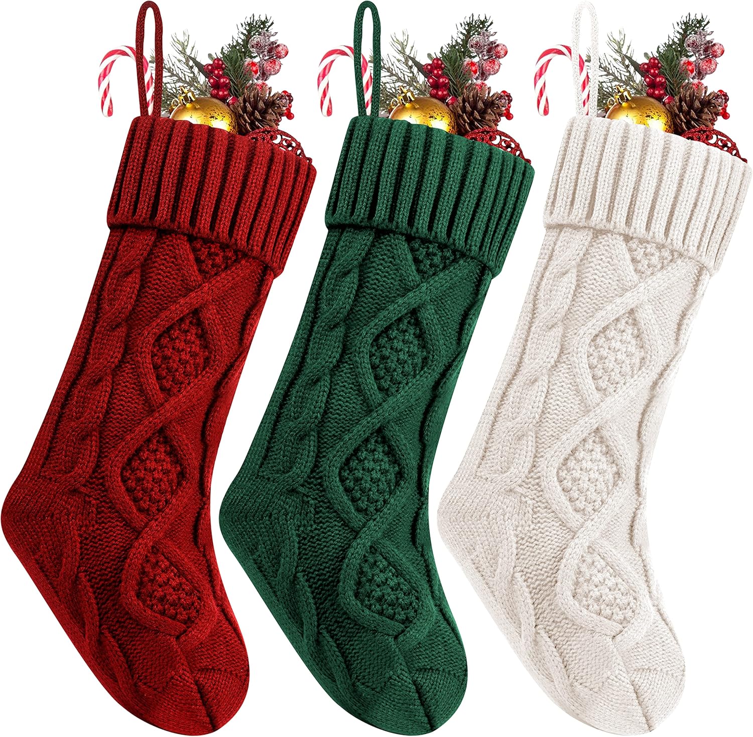 Fesciory 4 Pack Christmas Stockings 18 Inches Large Size Cable Knitted Stocking Gifts & Decorations for Family Holiday Xmas Party, Ivory White