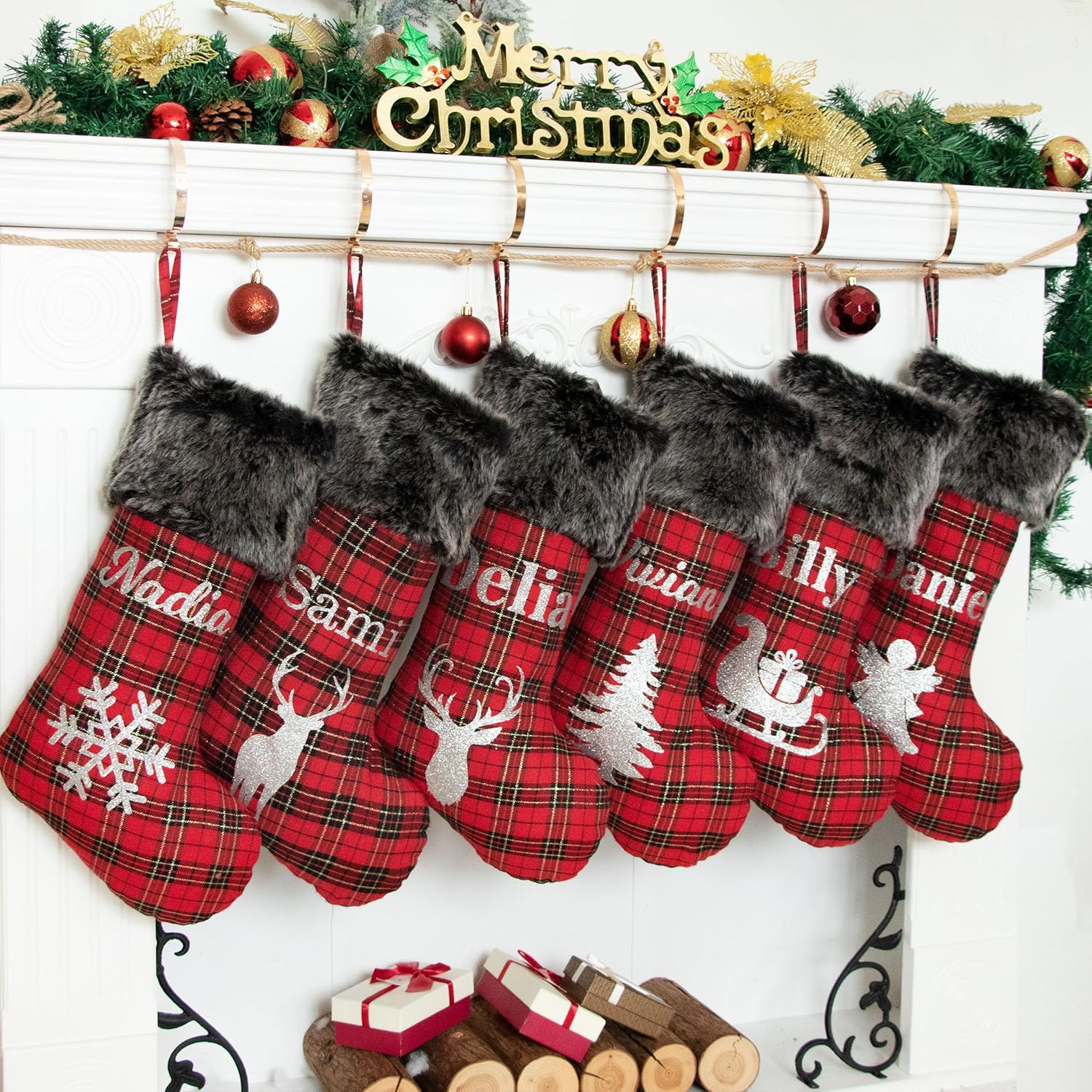 LUBOT Set of 8 Christmas Stocking(20inch) Silhouette Buffalo Red Plaid/Rustic/Farmhouse/Country Cotton Fireplace Hanging Xmas Stockings Decorations for Family Holiday Season Decor