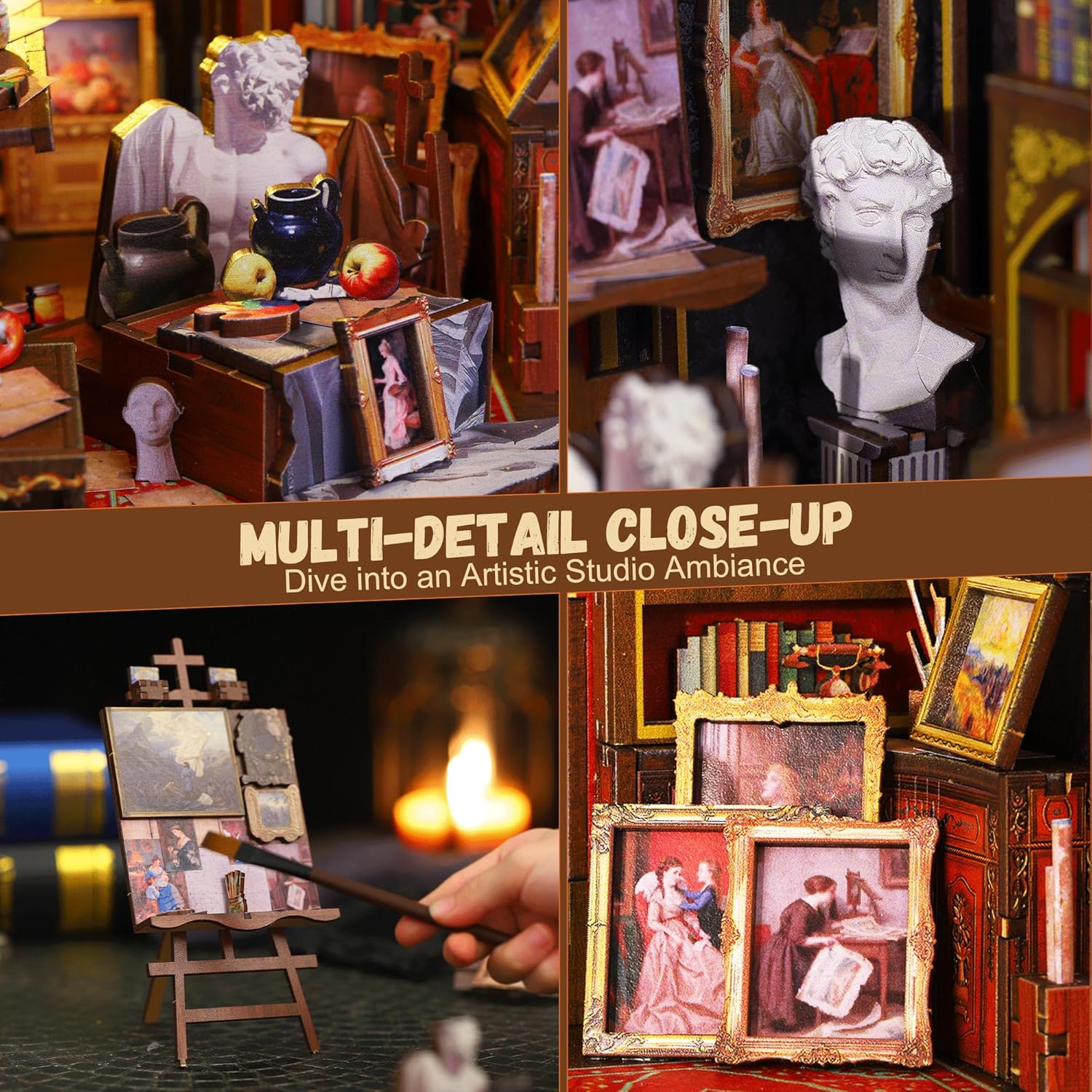 CRIOLPO Book Nook Kit - DIY Doll House Booknook, Book Nook Miniature Kit for Bookshelf Doll Houses for Adults Teen Halloween, 3D Wooden Puzzle Bookends with Sensor Led Light