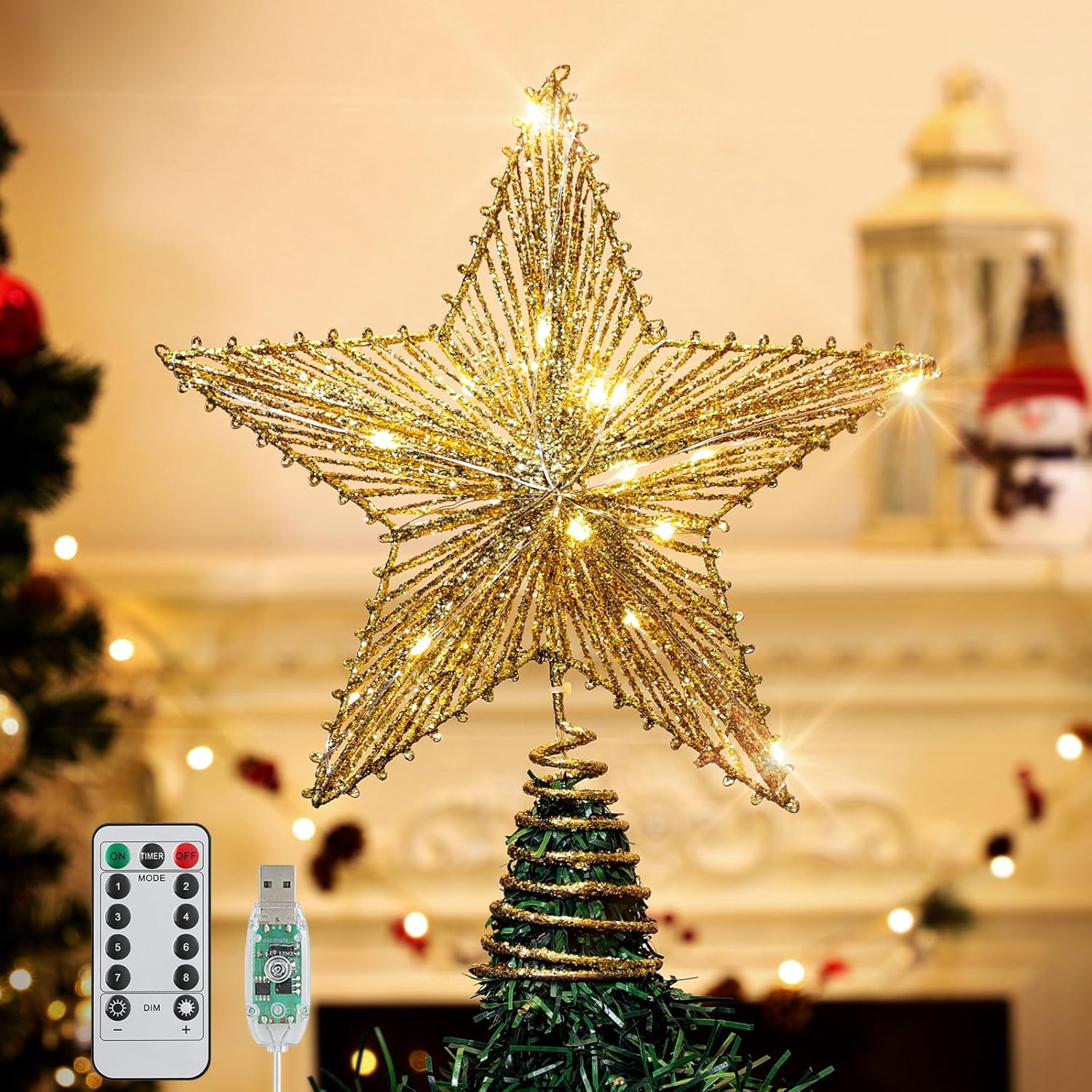 Roylvan Christmas Star Tree Topper with 8 Lighting Modes, USB Lighted Tree Topper with 20 LED Lights, Shiny Treetop Christmas Tree Decoration for Indoor Outdoor Holiday Home Ornament Gift, 9.8 Inch(H)