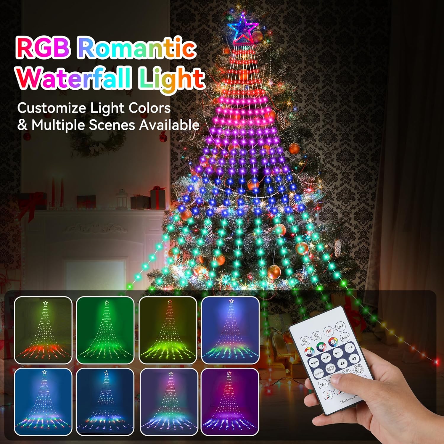 PUHONG Christmas Lights, Decorations Star Lights, 320 LED Christmas Tree Lights Outdoor, 16.4Ft String Lights, 8 Light Modes with 12 Lighted Star for Xmas New Year (Iron-Multicolor)