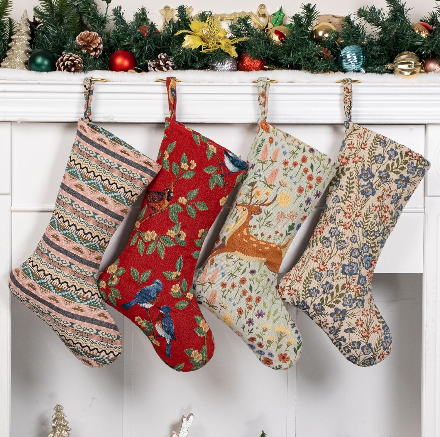 LUBOT Set of 8 Christmas Stocking(20inch) Silhouette Buffalo Red Plaid/Rustic/Farmhouse/Country Cotton Fireplace Hanging Xmas Stockings Decorations for Family Holiday Season Decor