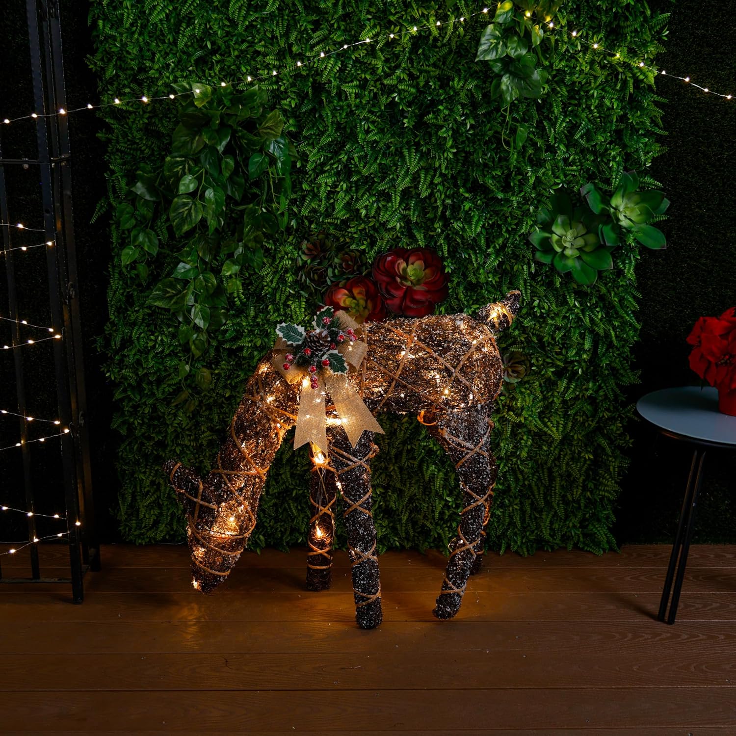 Alpine Corporation 24 Tall Outdoor Rattan Grazing Reindeer Lawn Decoration with White LED Lights, Christmas Yard Decor, Holiday Garden Display