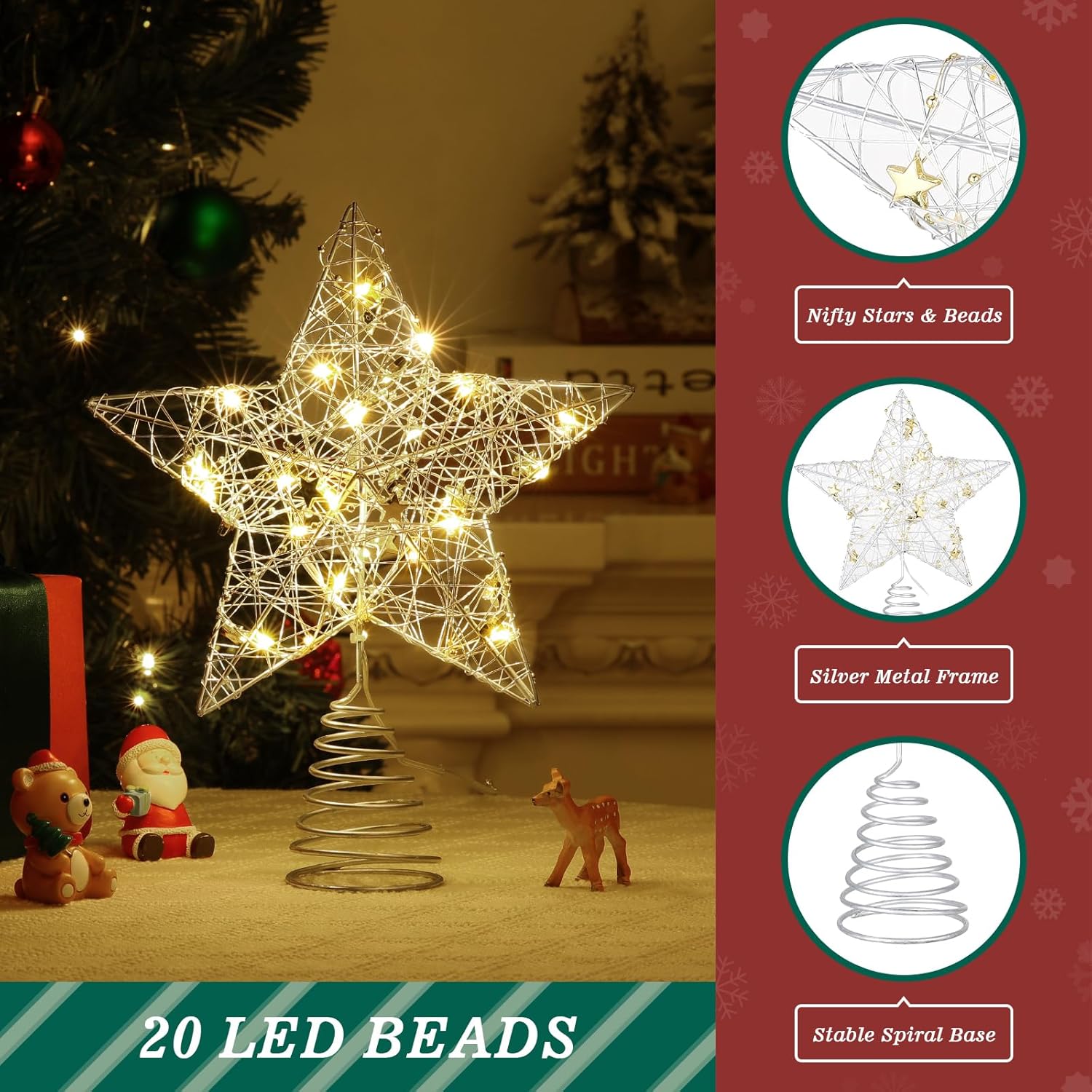 Roylvan Christmas Star Tree Topper with 8 Lighting Modes, USB Lighted Tree Topper with 20 LED Lights, Shiny Treetop Christmas Tree Decoration for Indoor Outdoor Holiday Home Ornament Gift, 9.8 Inch(H)