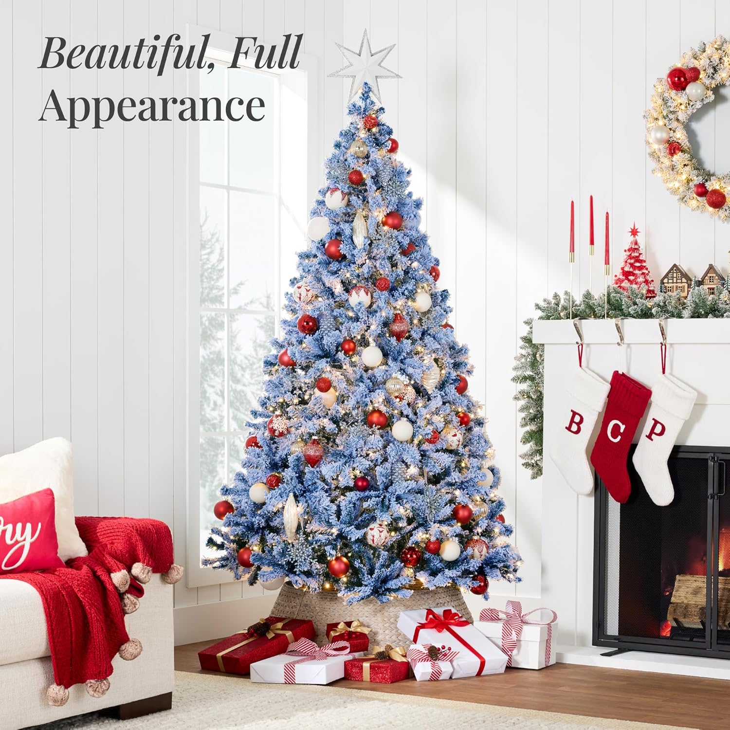 Best Choice Products Pre-Lit Artificial Christmas Tree, 6ft Snow Flocked Design Pine Tree, Full Appearance Snowy w/Easy Assembly, Metal Stand