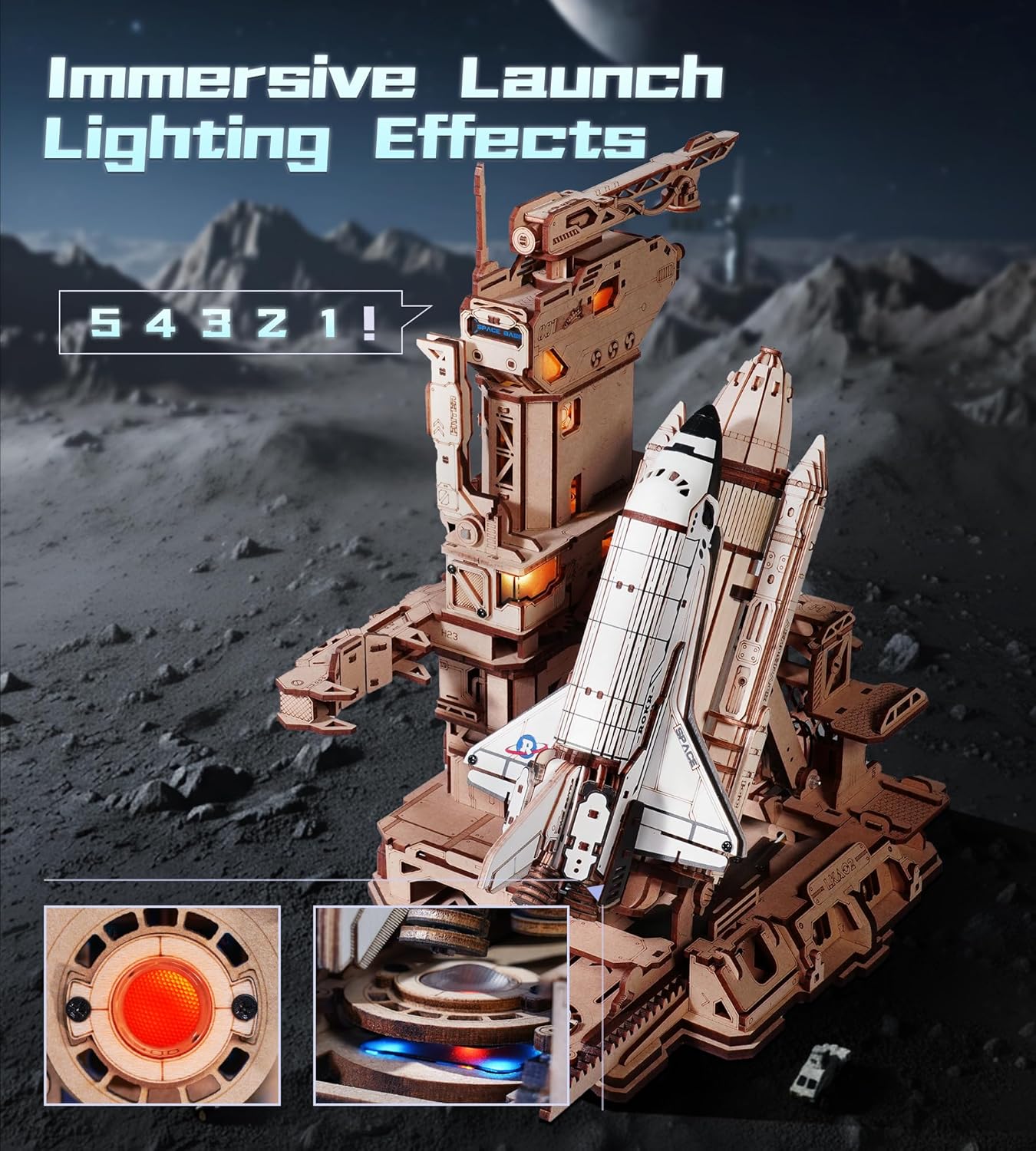 ROKR 3D Puzzles Space Shuttle Model - Dynamic Launch Base with Motorized Lift, LED Light Effects, 1:420 Scale Collectible Building Kit