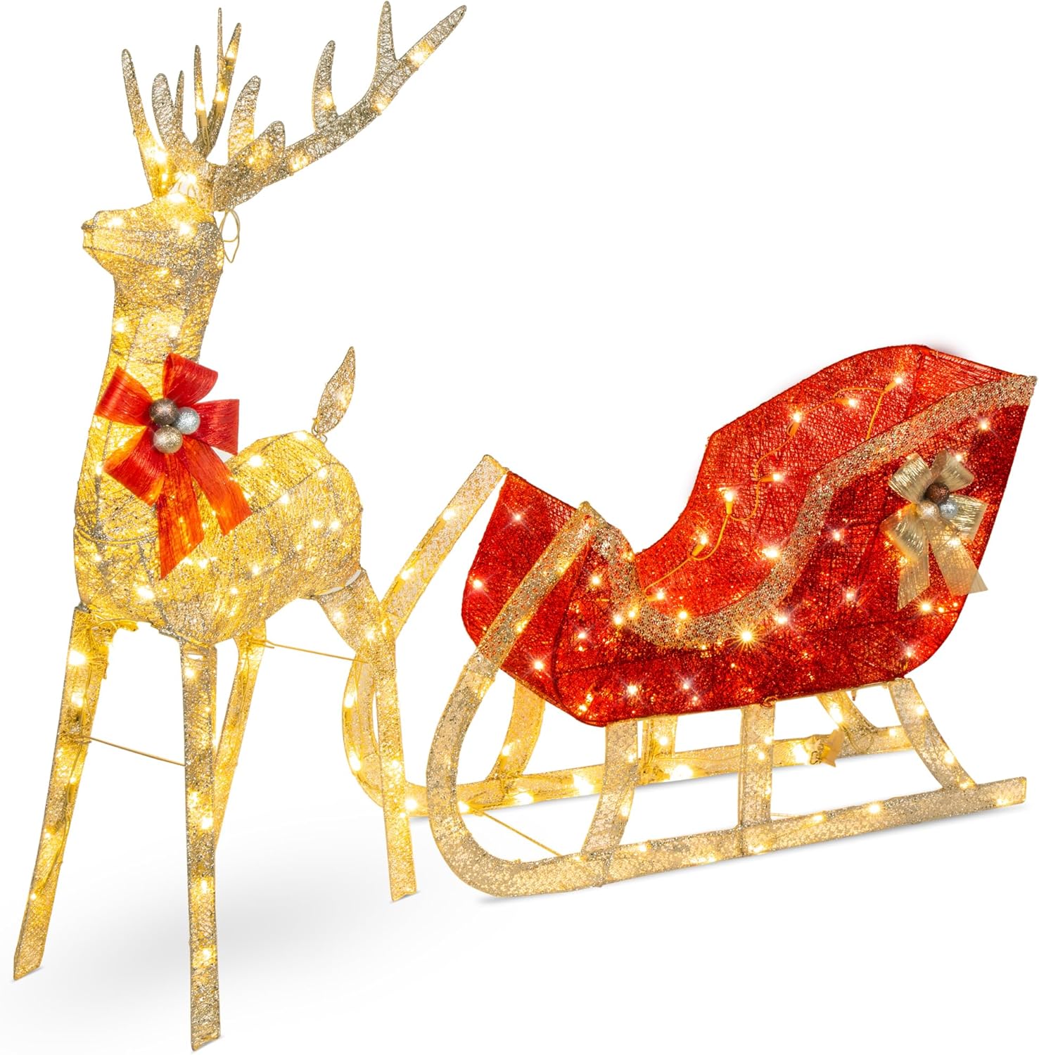 Best Choice Products Lighted Christmas 4ft Reindeer & Sleigh Holiday Outdoor Yard Decoration Set w/ 205 LED Lights, Stakes, Zip Ties - Gold
