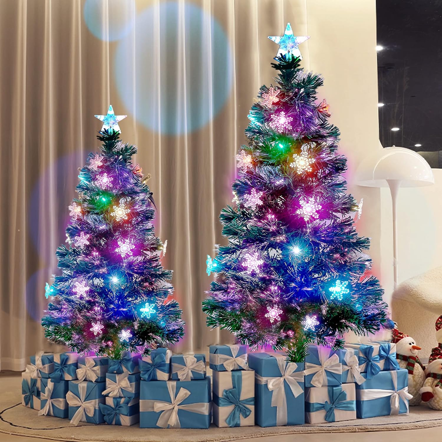 Juegoal 6 ft Pre-Lit Optical Fiber Christmas Artificial Tree, RGB Color Changing LED Lights, Snowflakes & Top Star, Fake Xmas Tree with Metal Legs