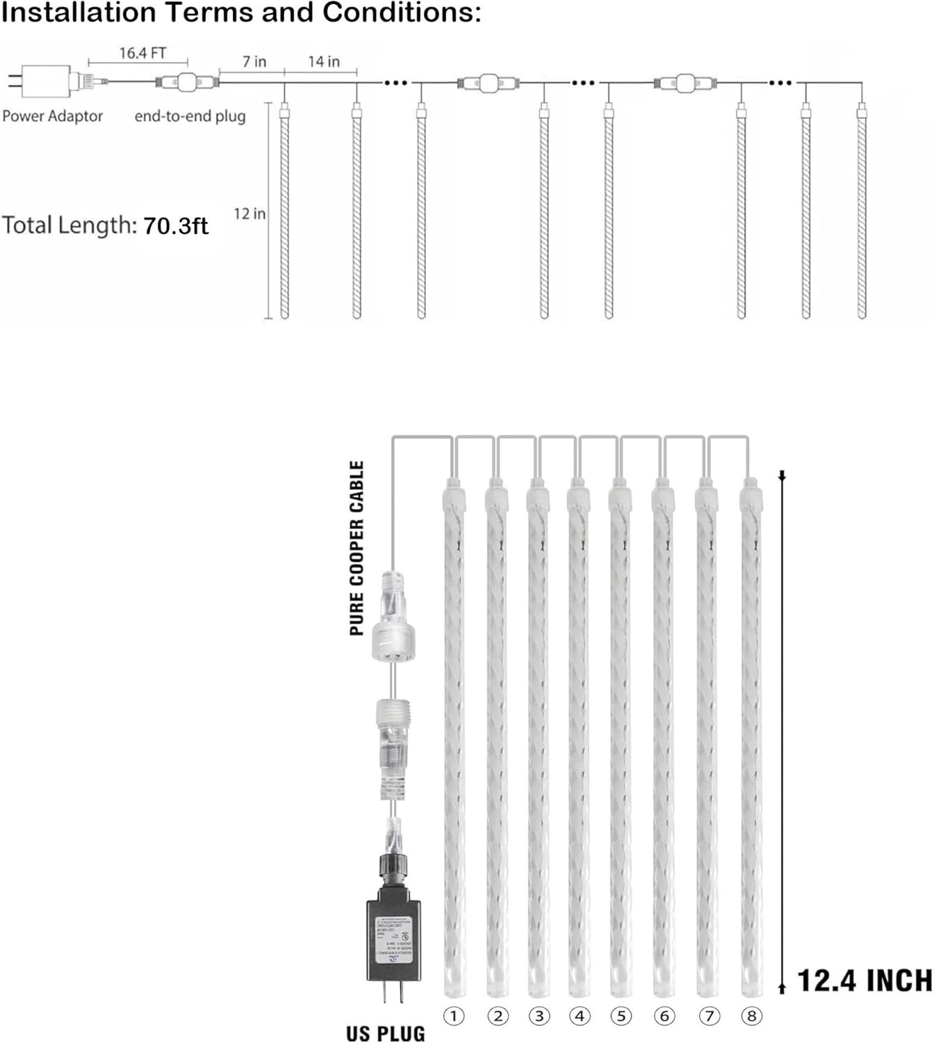 Dazzle Bright 864LED Christmas Light, Meteor Shower Rain Lights 11.8 Inch 24 Tubes, Waterproof Plug in Falling Rain Lights Christmas Decorations for Xmas Bushes Tree Yard Party (Blue)
