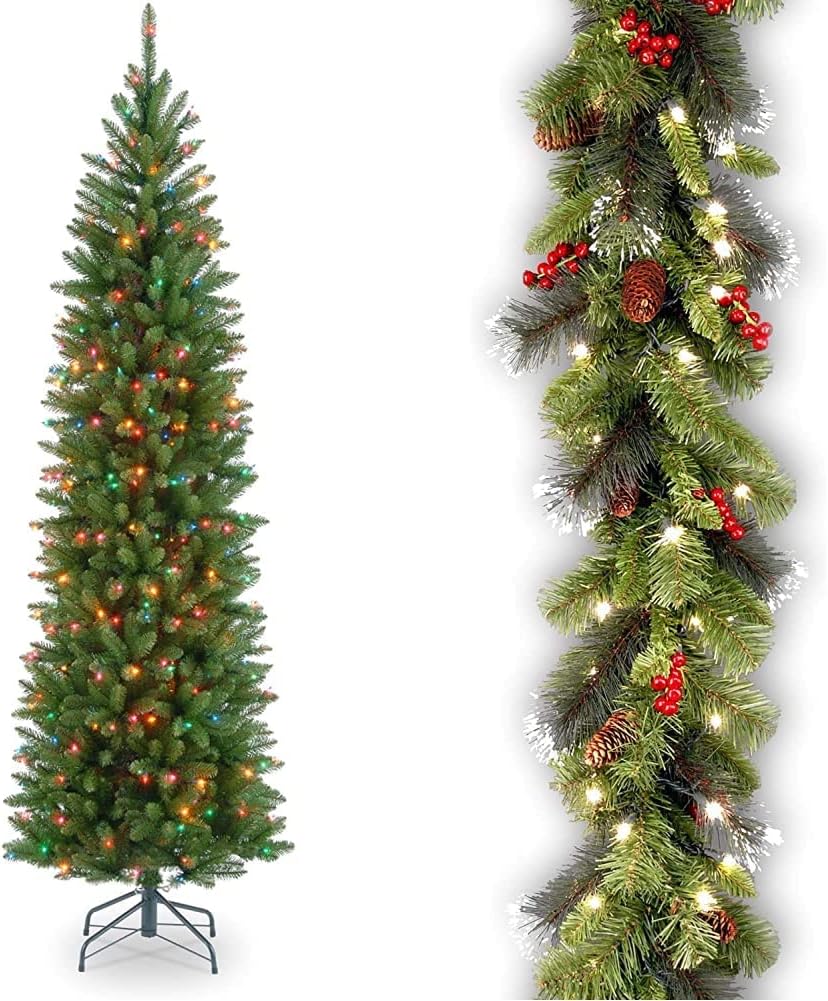 National Tree Company 6.5 ft Pre-Lit Kingswood Fir Slim Artificial Christmas Tree, 250 Multicolor Lights, 719 Tips, Includes Stand, Green