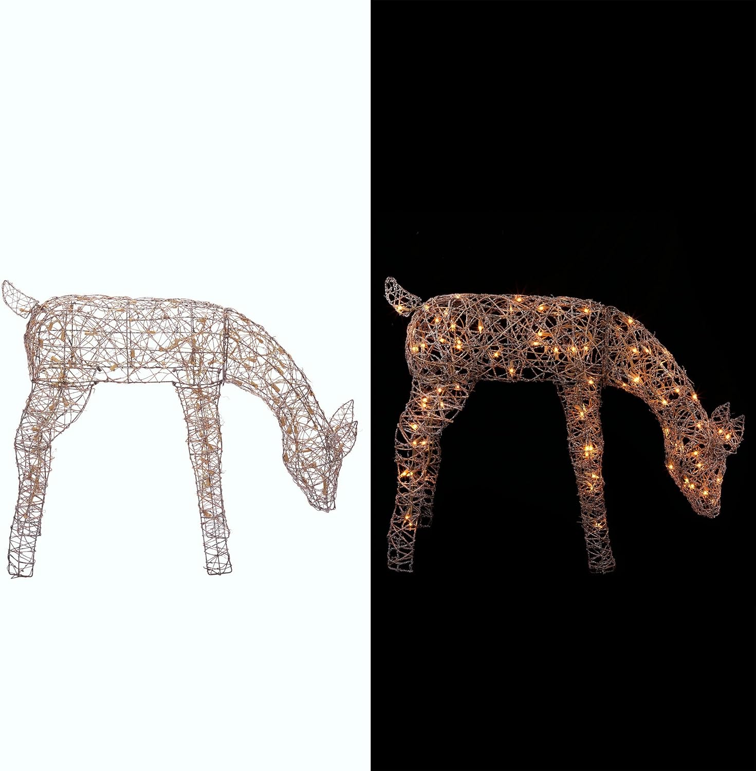 Alpine Corporation 24 Tall Outdoor Rattan Grazing Reindeer Lawn Decoration with White LED Lights, Christmas Yard Decor, Holiday Garden Display