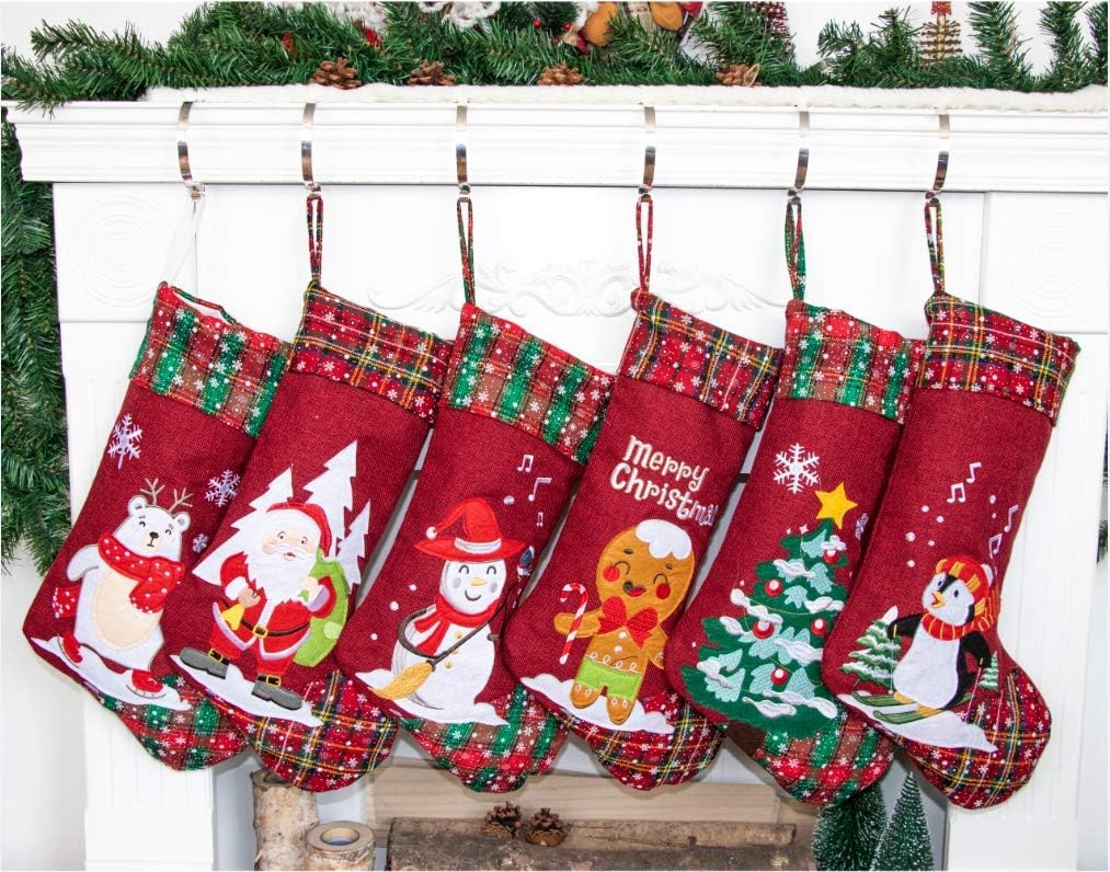 LUBOT Set of 8 Christmas Stocking(20inch) Silhouette Buffalo Red Plaid/Rustic/Farmhouse/Country Cotton Fireplace Hanging Xmas Stockings Decorations for Family Holiday Season Decor