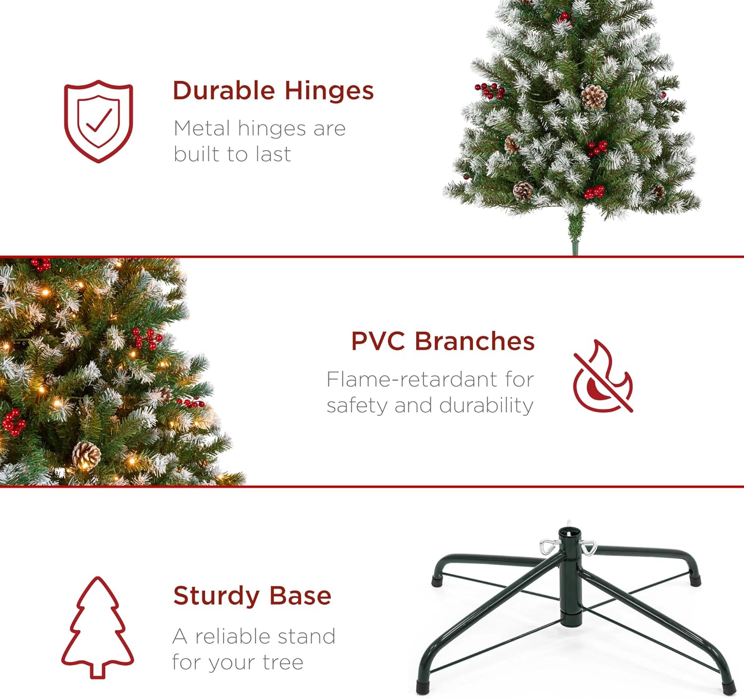 Best Choice Products 6ft Pre-Lit Pre-Decorated Spruce Hinged Artificial Christmas Tree w/ 798 Tips, Pinecones, Berries, 250 Lights, Metal Base