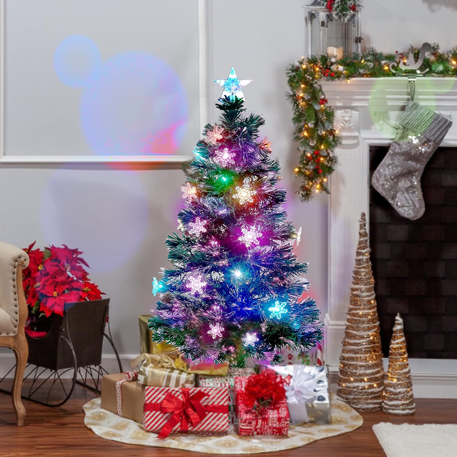 Juegoal 6 ft Pre-Lit Optical Fiber Christmas Artificial Tree, RGB Color Changing LED Lights, Snowflakes & Top Star, Fake Xmas Tree with Metal Legs