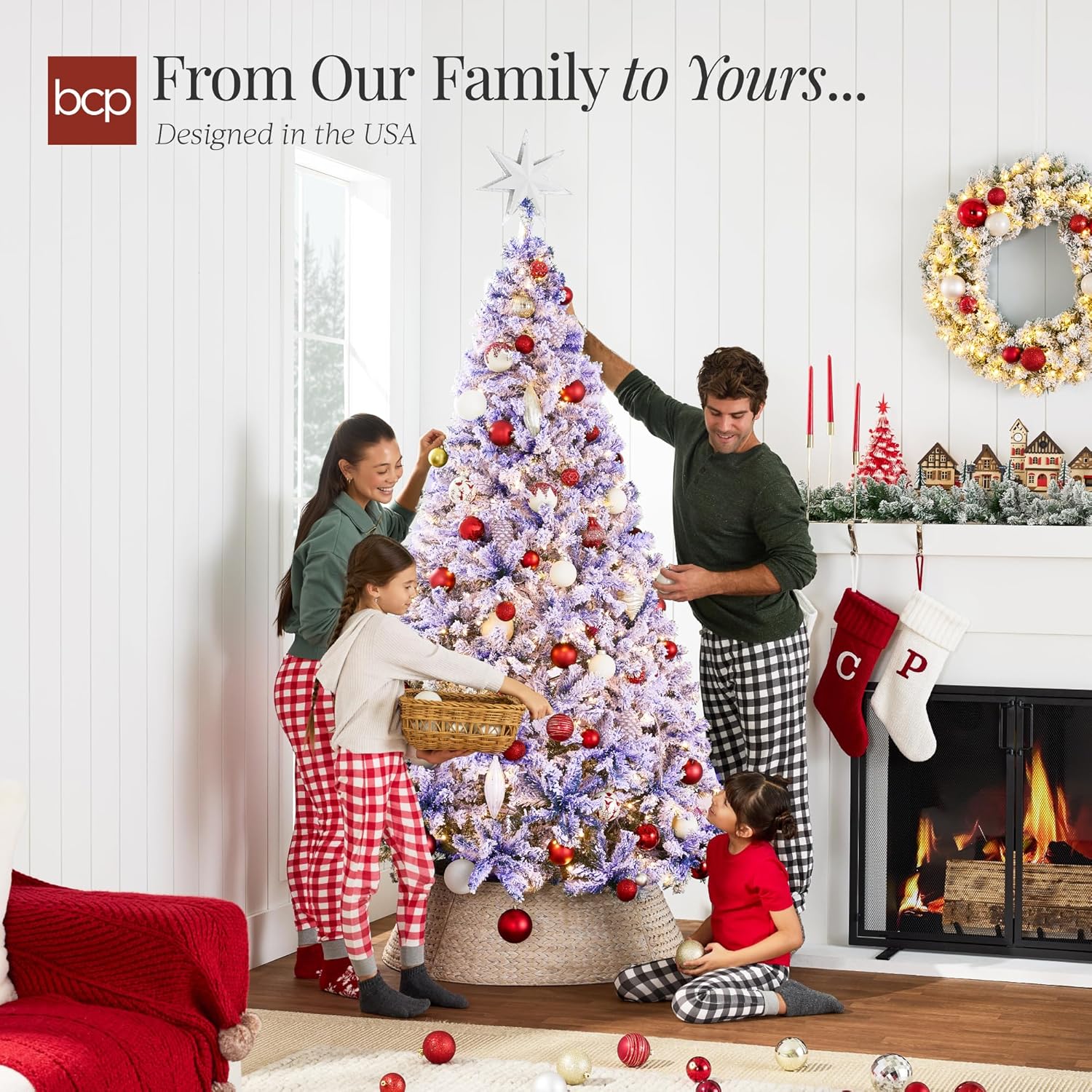 Best Choice Products Pre-Lit Artificial Christmas Tree, 6ft Snow Flocked Design Pine Tree, Full Appearance Snowy w/Easy Assembly, Metal Stand