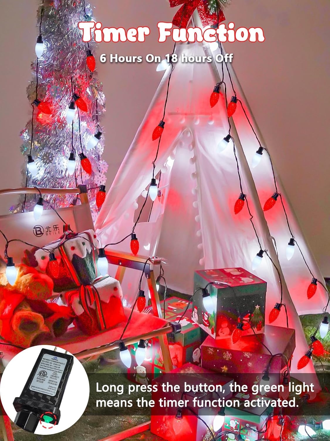 2-Pack Extentable C9 Christmas Lights Outdoor Indoor, 66 FT 100 LED Christmas String Lights Plug in with 8 Modes & Timer, Waterproof Fairy Twinkle Light for Xmas Tree Yard Decorations (Multi-Colored)