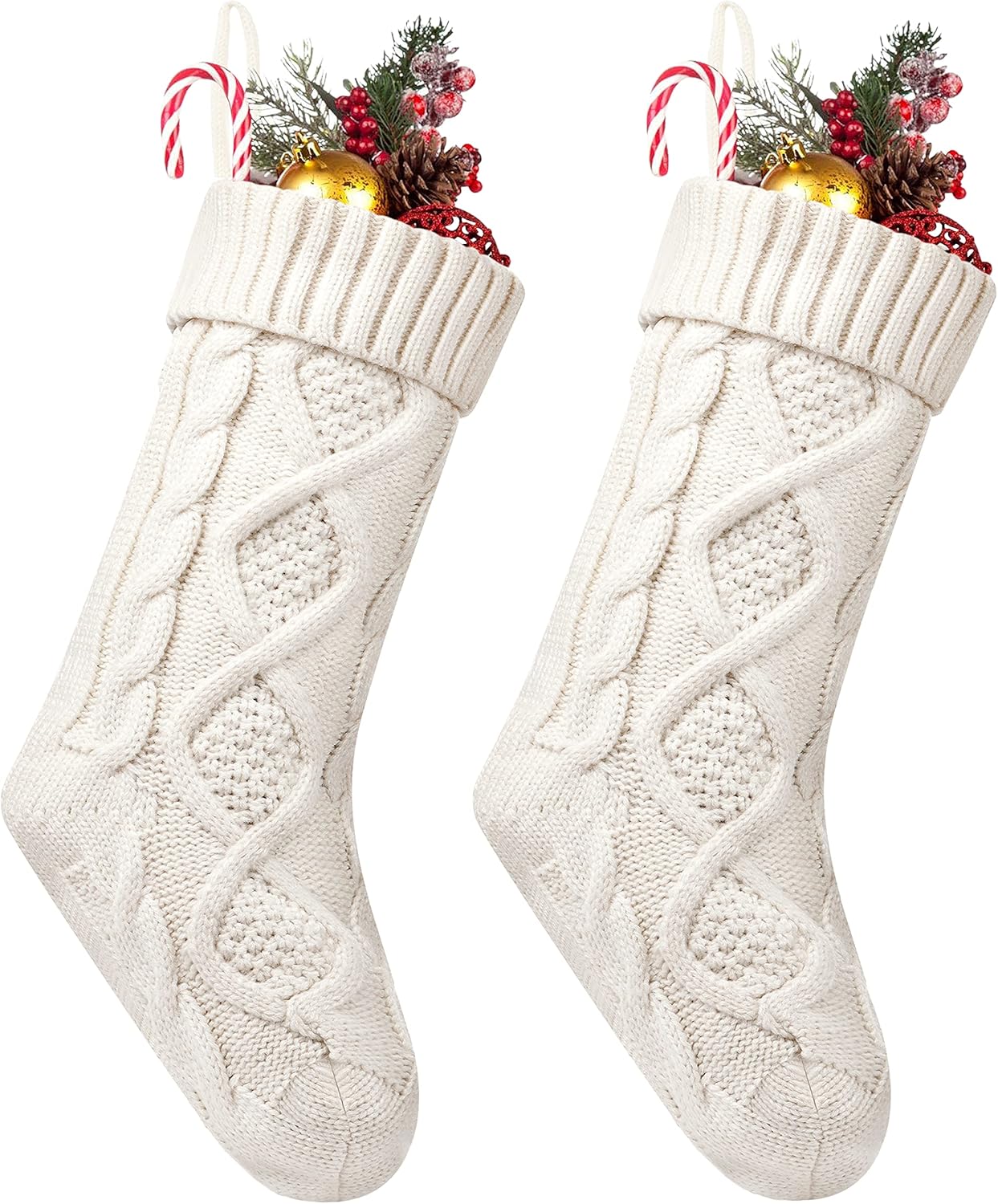 Fesciory 4 Pack Christmas Stockings 18 Inches Large Size Cable Knitted Stocking Gifts & Decorations for Family Holiday Xmas Party, Ivory White