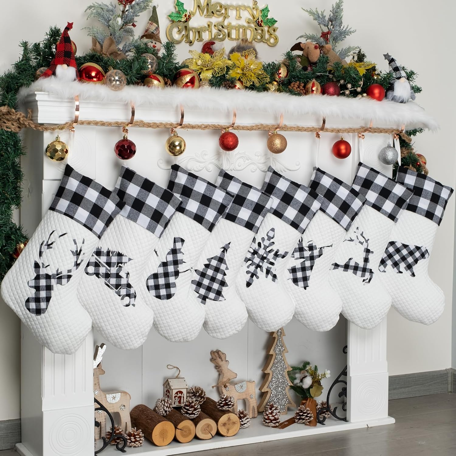 LUBOT Set of 8 Christmas Stocking(20inch) Silhouette Buffalo Red Plaid/Rustic/Farmhouse/Country Cotton Fireplace Hanging Xmas Stockings Decorations for Family Holiday Season Decor