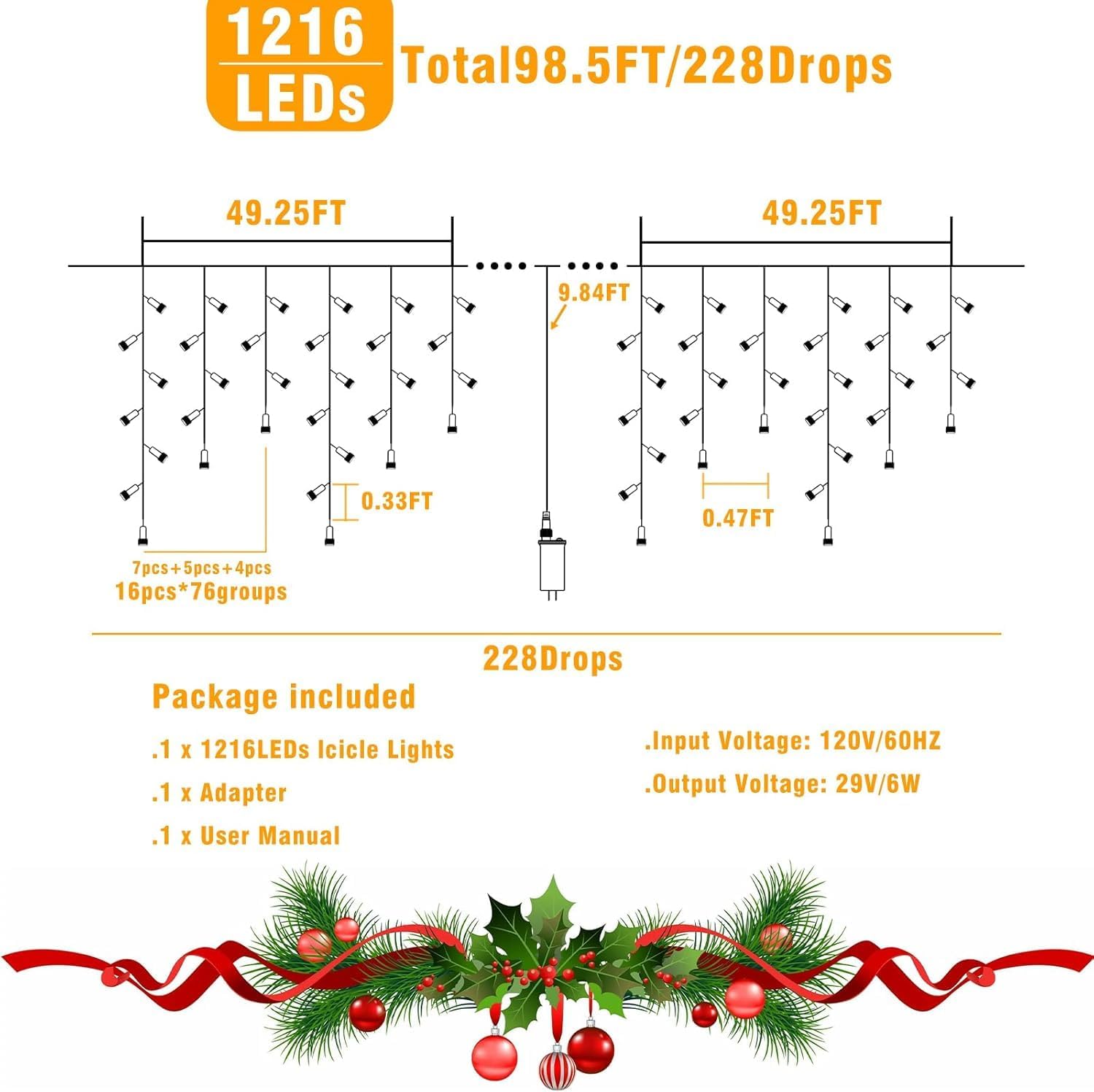 66ft Icicle Lights for Outside - 640 LED Christmas Lights Outdoor with 120 Drops 8 Modes, Plug in Twinkle Light Outside for Holiday Wedding Party Tree Room Indoor Thanksgiving Decoration, Warm White