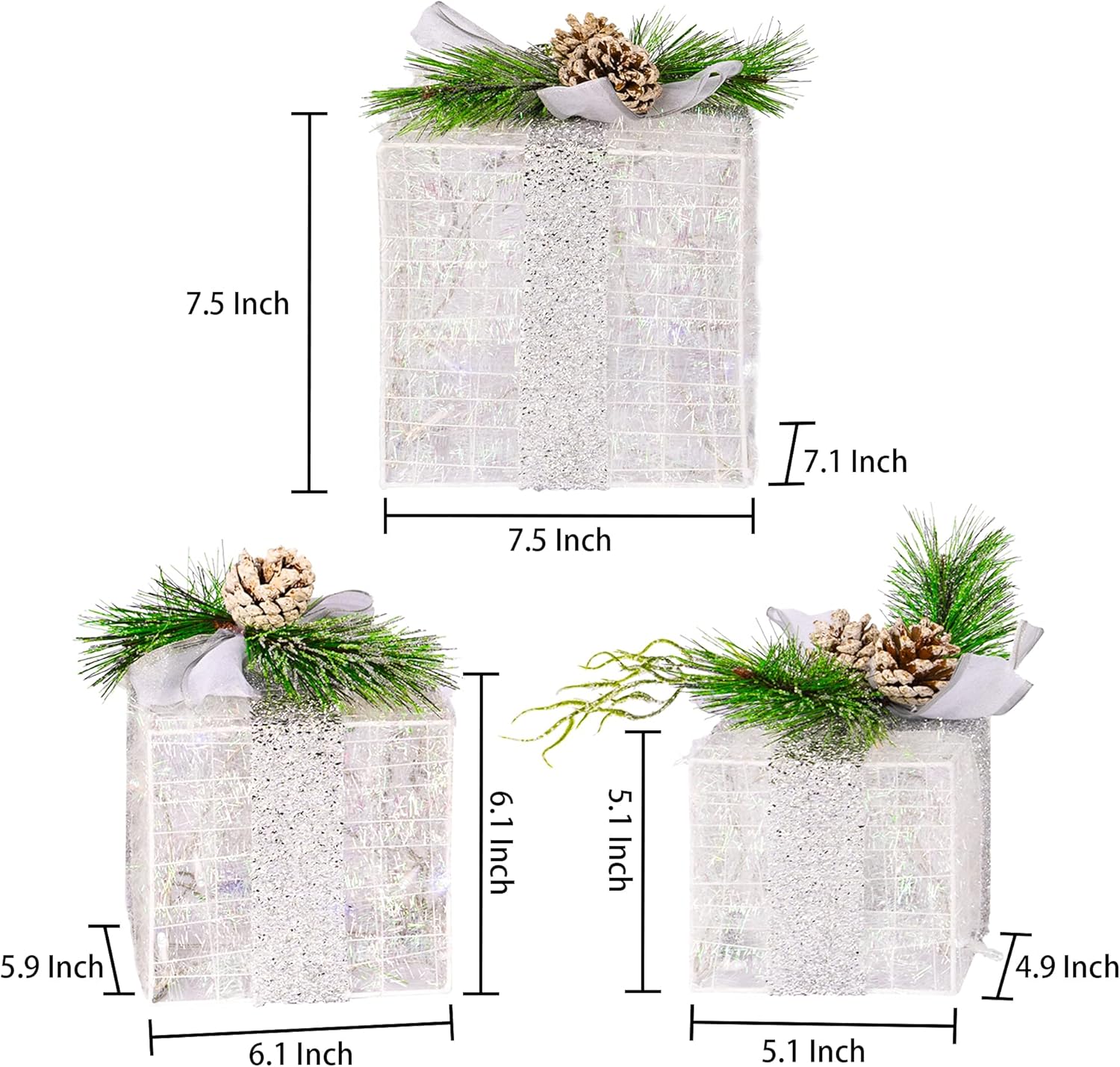 Hourleey Set of 3 Christmas Lighted Gift Boxes, Pre-lit 60 LED Light Up Present Boxes Ornament Outdoor Warm White Tinsel Boxes Decoration for Indoor Christmas Home Yard Lawn Decor