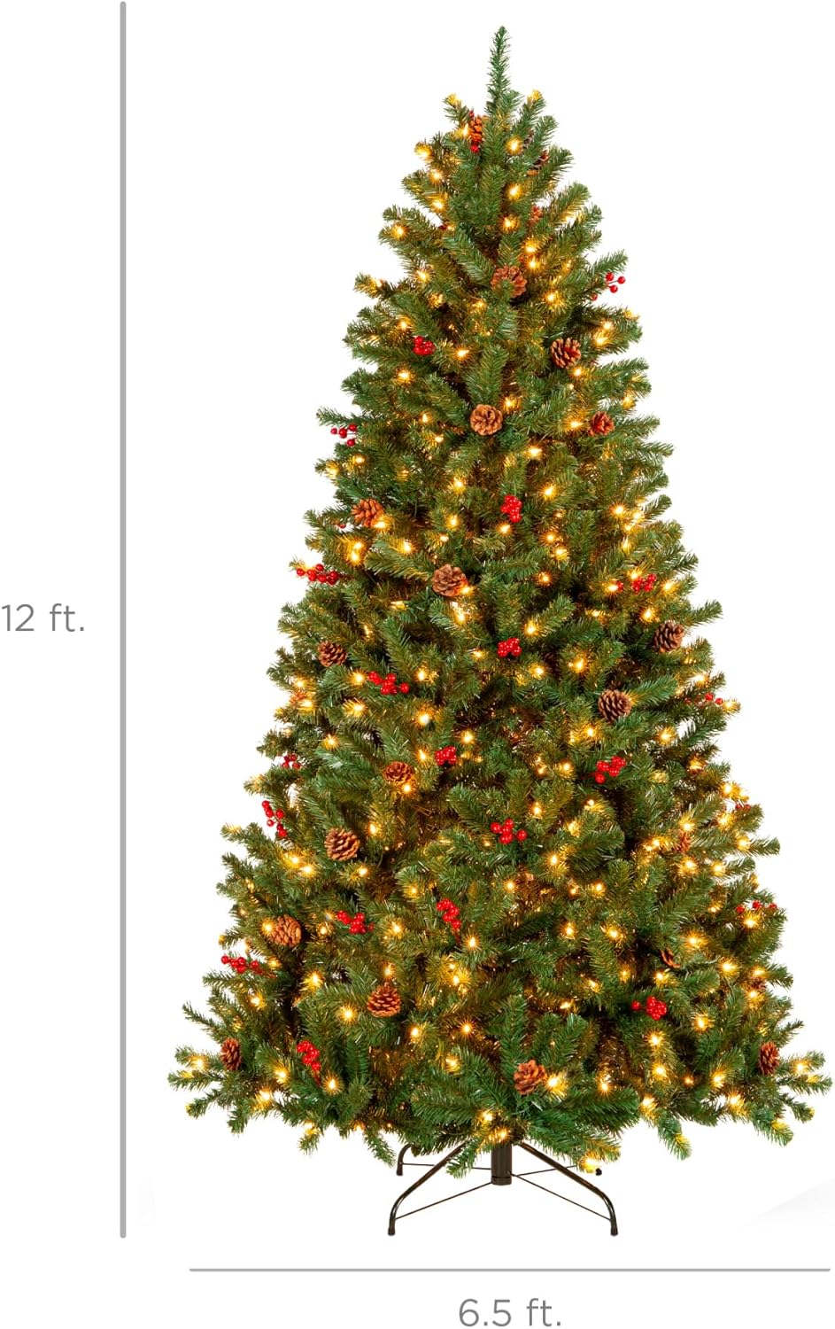 Best Choice Products 6ft Pre-Lit Pre-Decorated Spruce Hinged Artificial Christmas Tree w/ 798 Tips, Pinecones, Berries, 250 Lights, Metal Base