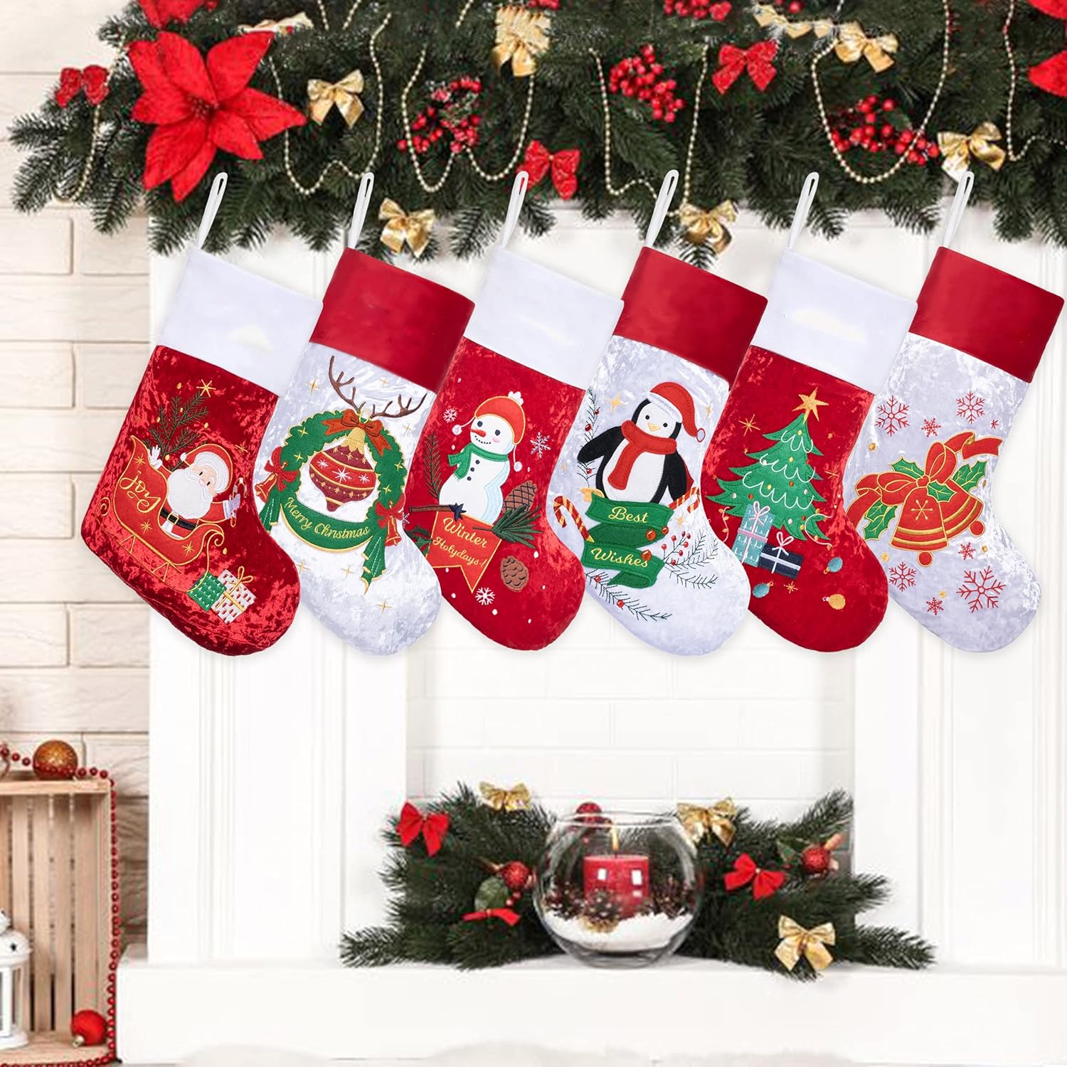 LUBOT Set of 8 Christmas Stocking(20inch) Silhouette Buffalo Red Plaid/Rustic/Farmhouse/Country Cotton Fireplace Hanging Xmas Stockings Decorations for Family Holiday Season Decor