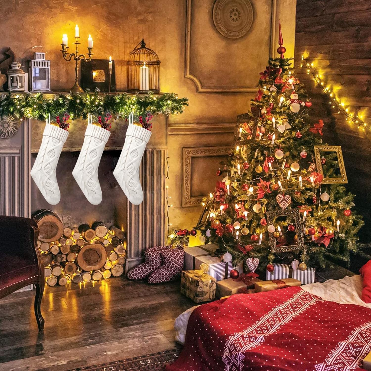 Fesciory 4 Pack Christmas Stockings 18 Inches Large Size Cable Knitted Stocking Gifts & Decorations for Family Holiday Xmas Party, Ivory White