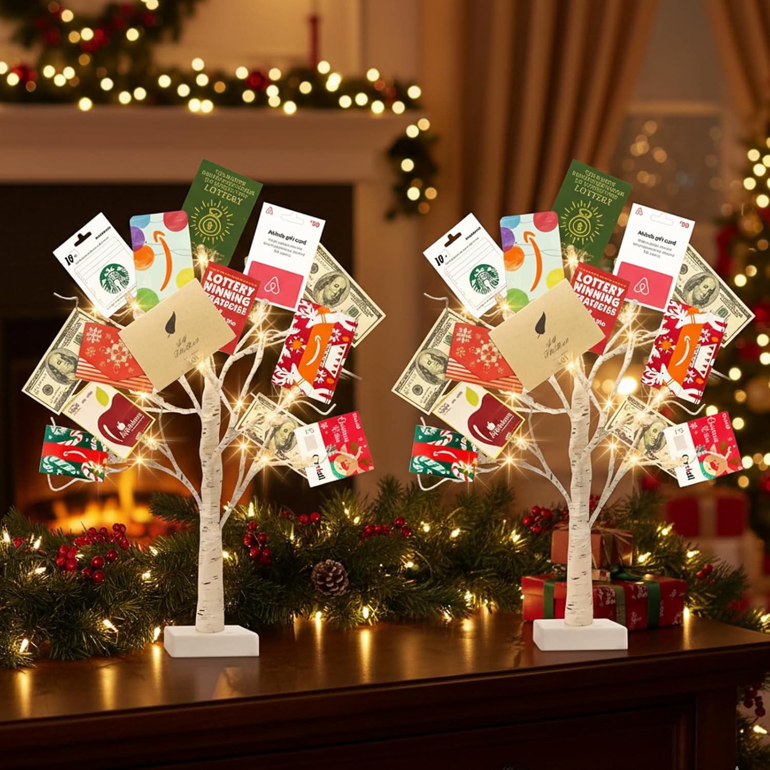 EAMBRITE Home Decorations Light Up White Birch Tree Indoor Christmas Decor, 4 Pack Battery Operated/USB Lighted Tabletop Money Tree Lamp Led Lights Xmas Wedding Centerpiece Table Room (2 Ft)