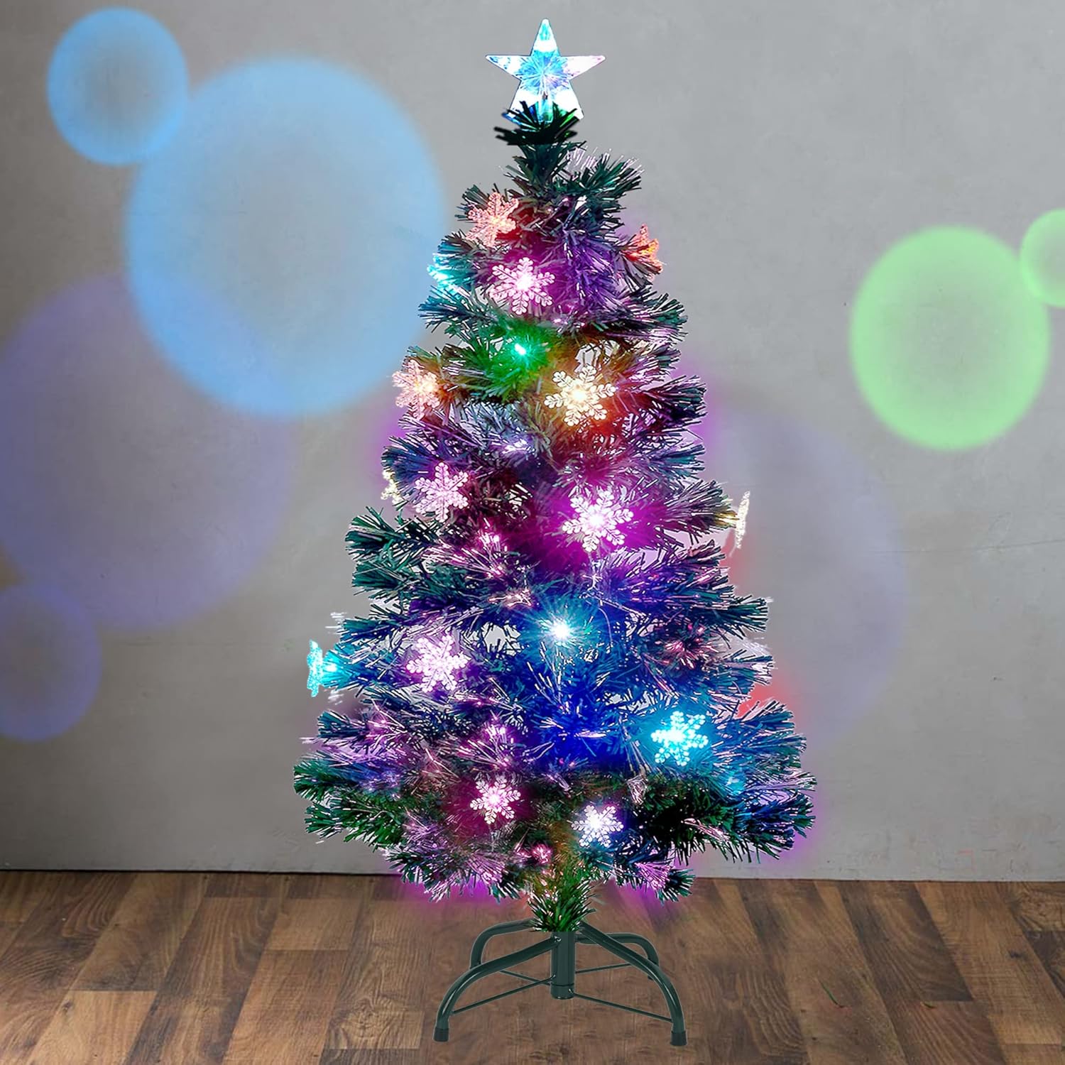 Juegoal 6 ft Pre-Lit Optical Fiber Christmas Artificial Tree, RGB Color Changing LED Lights, Snowflakes & Top Star, Fake Xmas Tree with Metal Legs