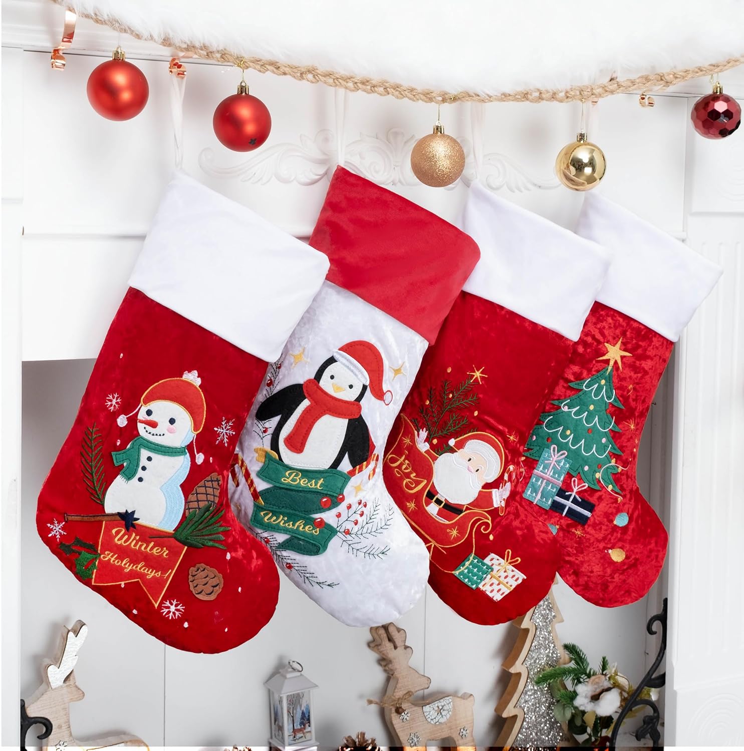 LUBOT Set of 8 Christmas Stocking(20inch) Silhouette Buffalo Red Plaid/Rustic/Farmhouse/Country Cotton Fireplace Hanging Xmas Stockings Decorations for Family Holiday Season Decor