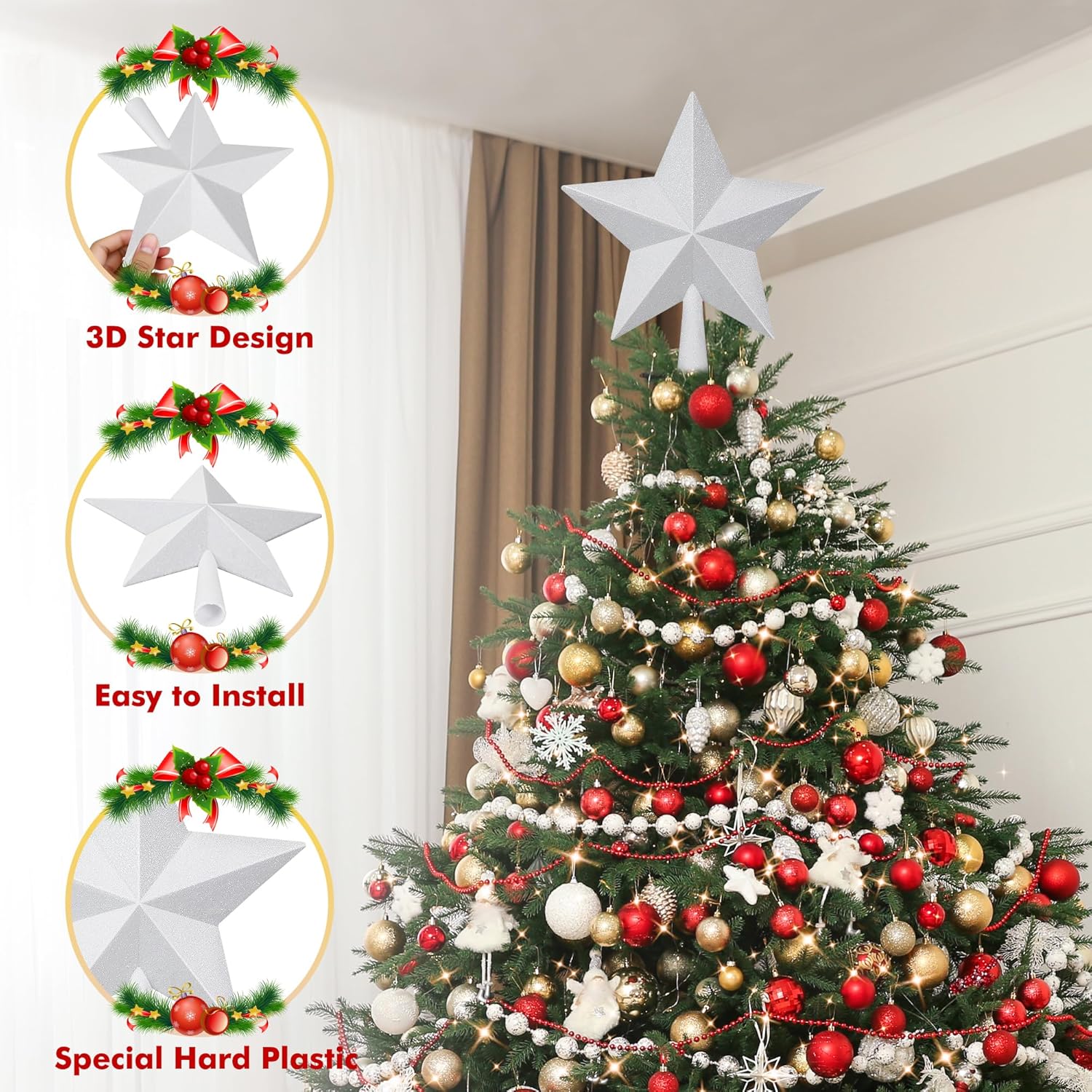 Christmas Tree Star Topper, 8 Gold Xmas Star Tree Decorations, 3D Shatterproof Bethlehem Star Tree Topper Decorations, Waterproof Christmas Tree Topper Decor for Holiday Home Outdoor Ornament