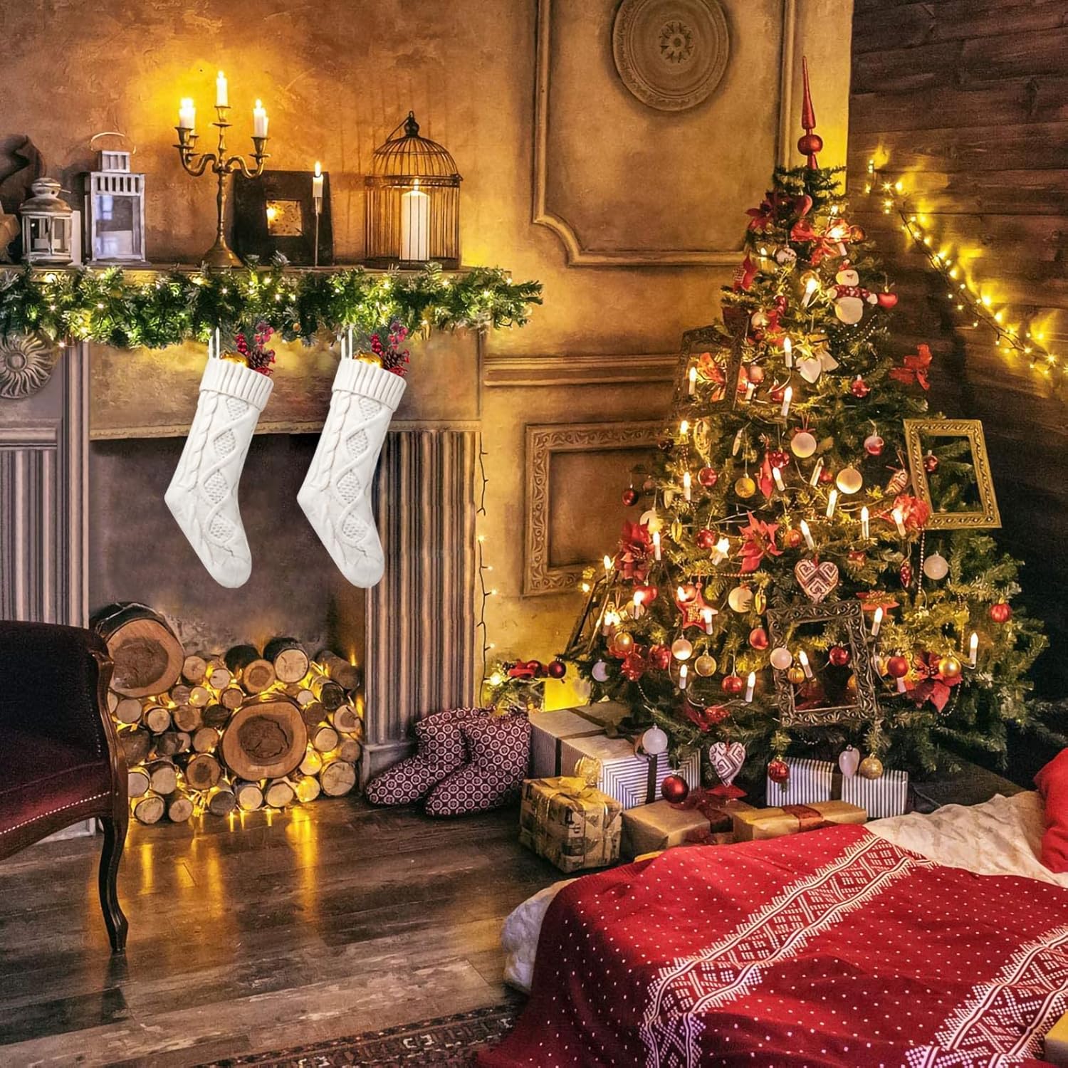 Fesciory 4 Pack Christmas Stockings 18 Inches Large Size Cable Knitted Stocking Gifts & Decorations for Family Holiday Xmas Party, Ivory White