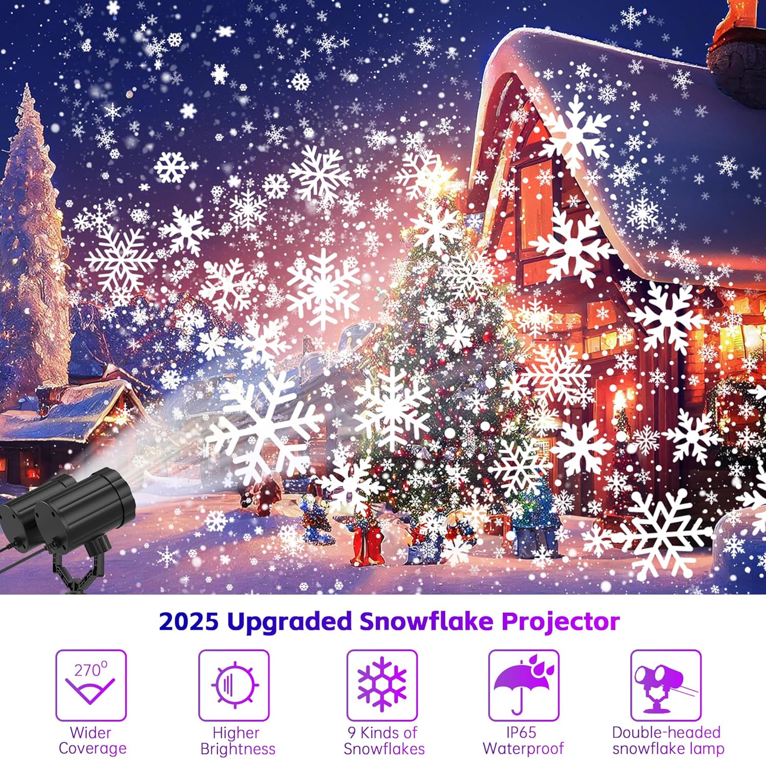 Christmas Projector Lights Outdoor, GUSODOR Dynamic Snowflake Projector IP65 Waterproof 360°Rotating LED Projection Lights for Indoor Outdoor Christmas Decoration, Holiday, Yard Decor-Dual-Head A