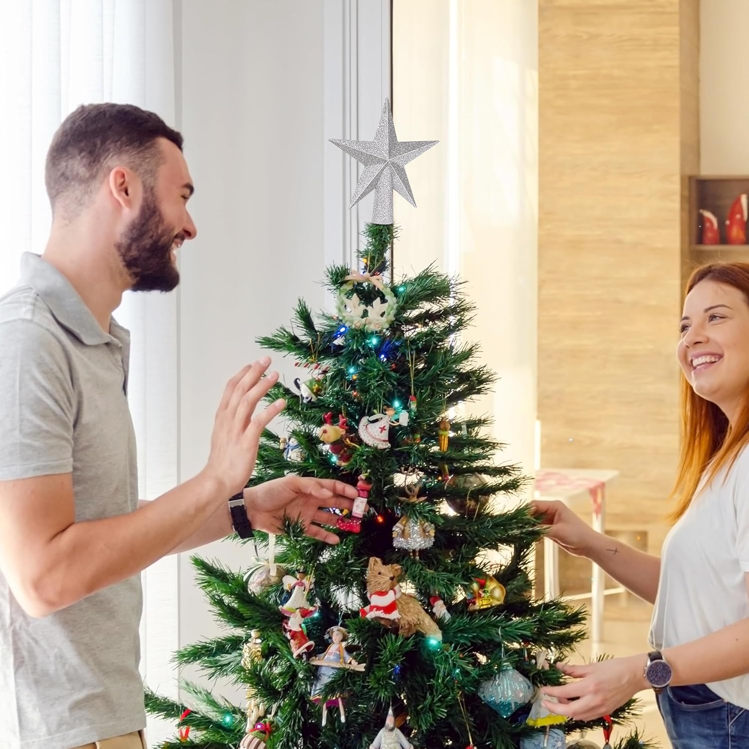 Christmas Tree Star Topper, 8 Gold Xmas Star Tree Decorations, 3D Shatterproof Bethlehem Star Tree Topper Decorations, Waterproof Christmas Tree Topper Decor for Holiday Home Outdoor Ornament