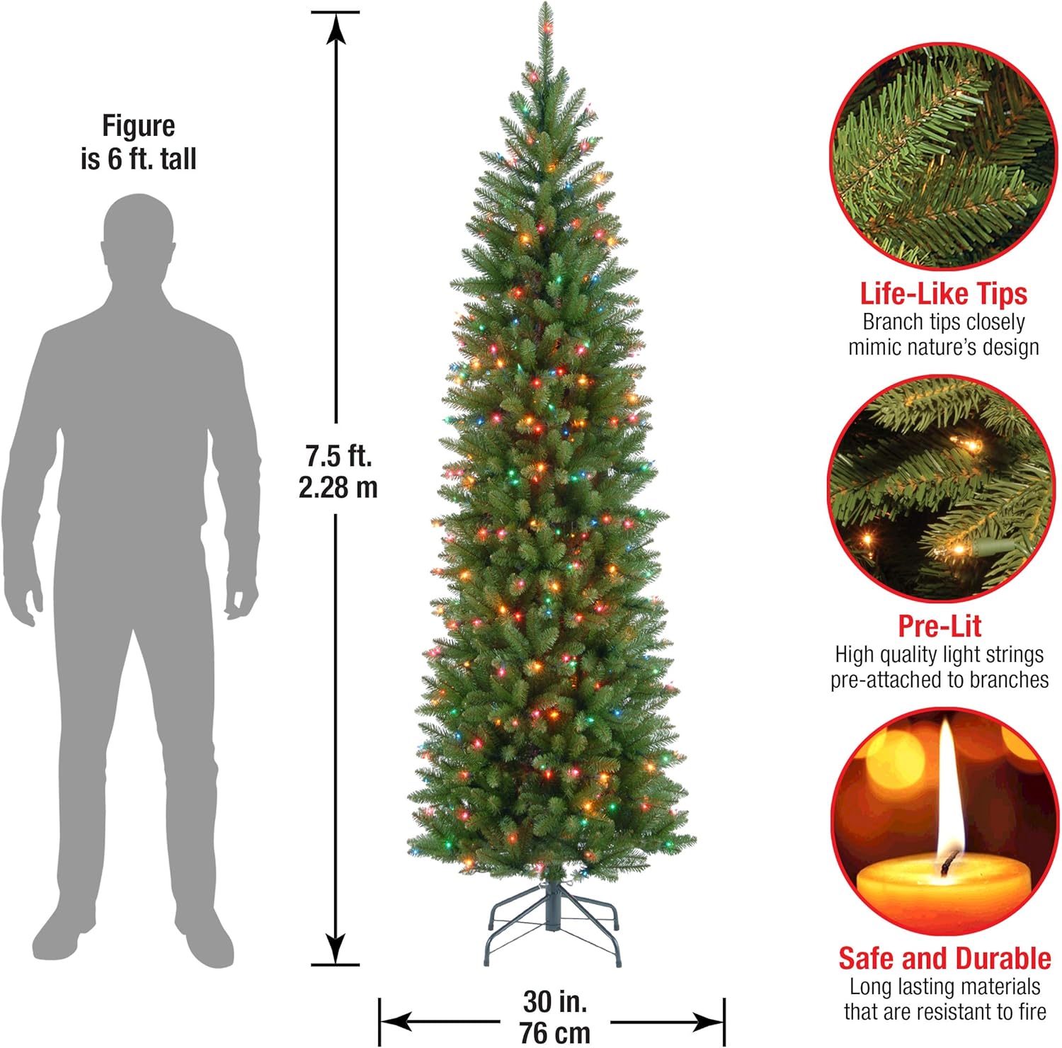 National Tree Company 6.5 ft Pre-Lit Kingswood Fir Slim Artificial Christmas Tree, 250 Multicolor Lights, 719 Tips, Includes Stand, Green