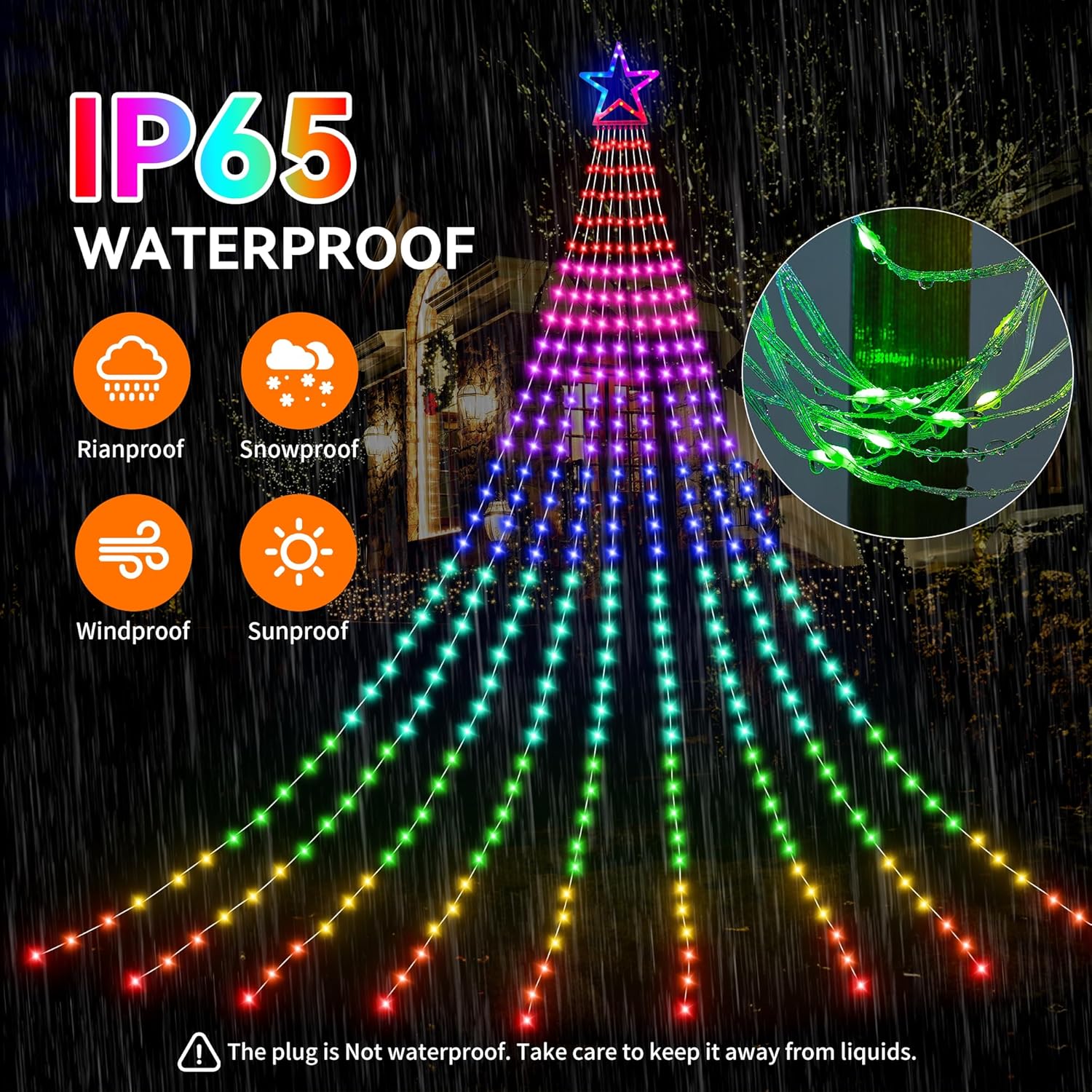 PUHONG Christmas Lights, Decorations Star Lights, 320 LED Christmas Tree Lights Outdoor, 16.4Ft String Lights, 8 Light Modes with 12 Lighted Star for Xmas New Year (Iron-Multicolor)