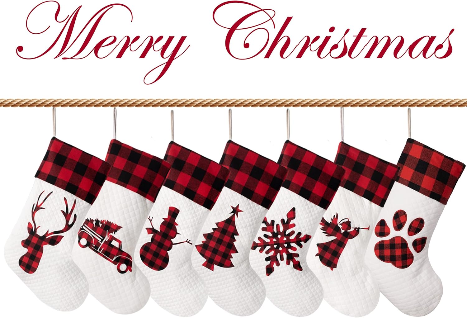 LUBOT Set of 8 Christmas Stocking(20inch) Silhouette Buffalo Red Plaid/Rustic/Farmhouse/Country Cotton Fireplace Hanging Xmas Stockings Decorations for Family Holiday Season Decor