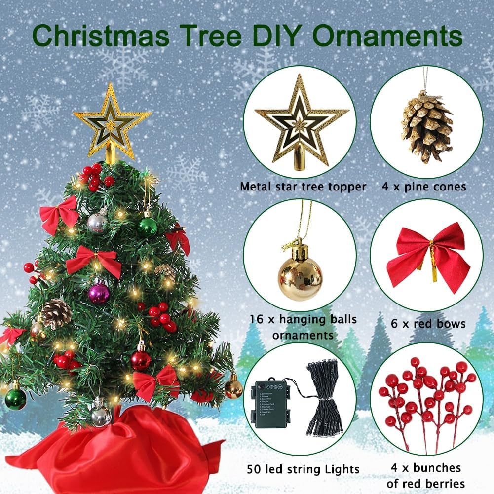 Juegoal 24 Inch Mini Christmas Tree Set, Table Top Artificial Christmas Trees with 50 LED Lights, Ornaments and Red Berries, Best DIY Christmas Decorations