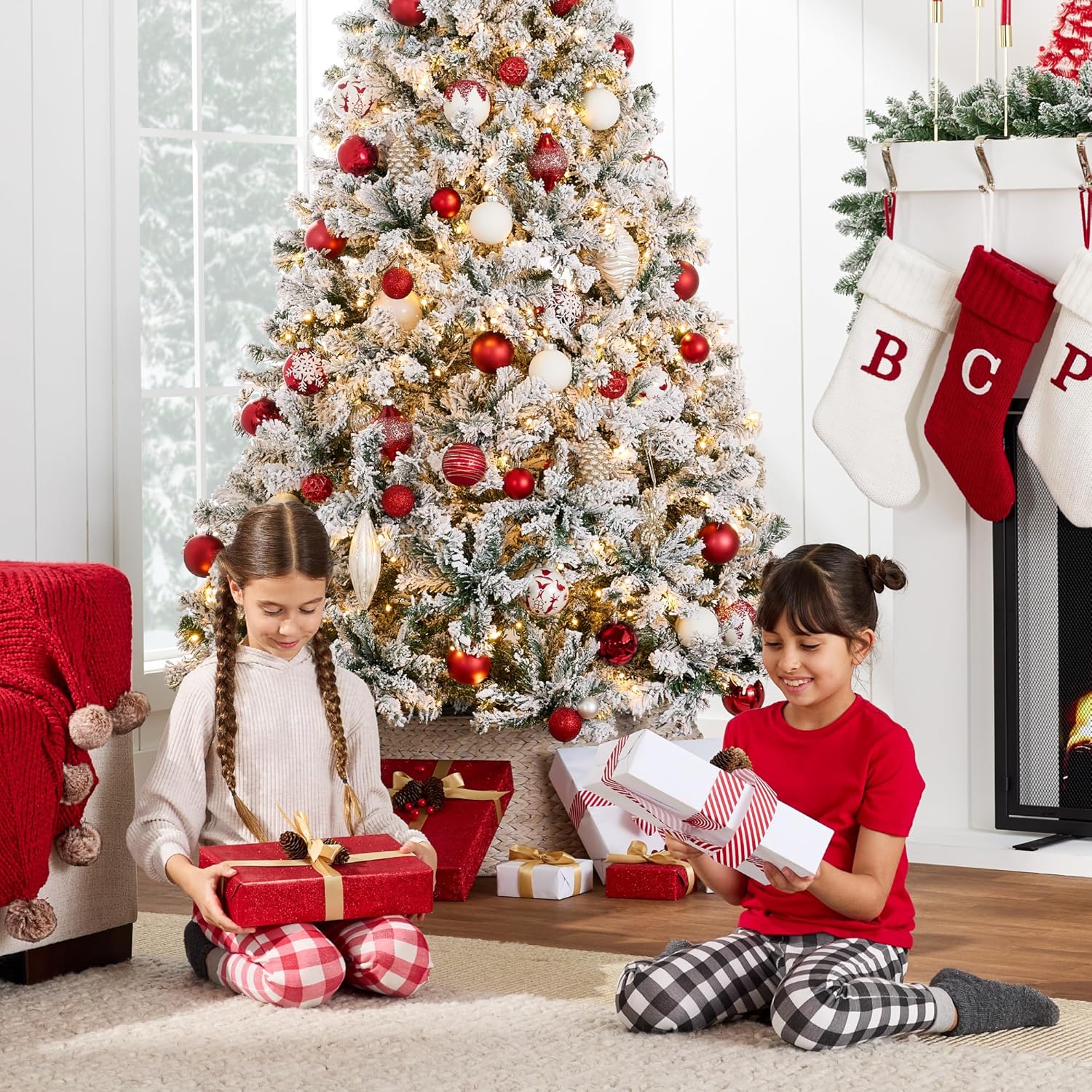 Best Choice Products Pre-Lit Artificial Christmas Tree, 6ft Snow Flocked Design Pine Tree, Full Appearance Snowy w/Easy Assembly, Metal Stand