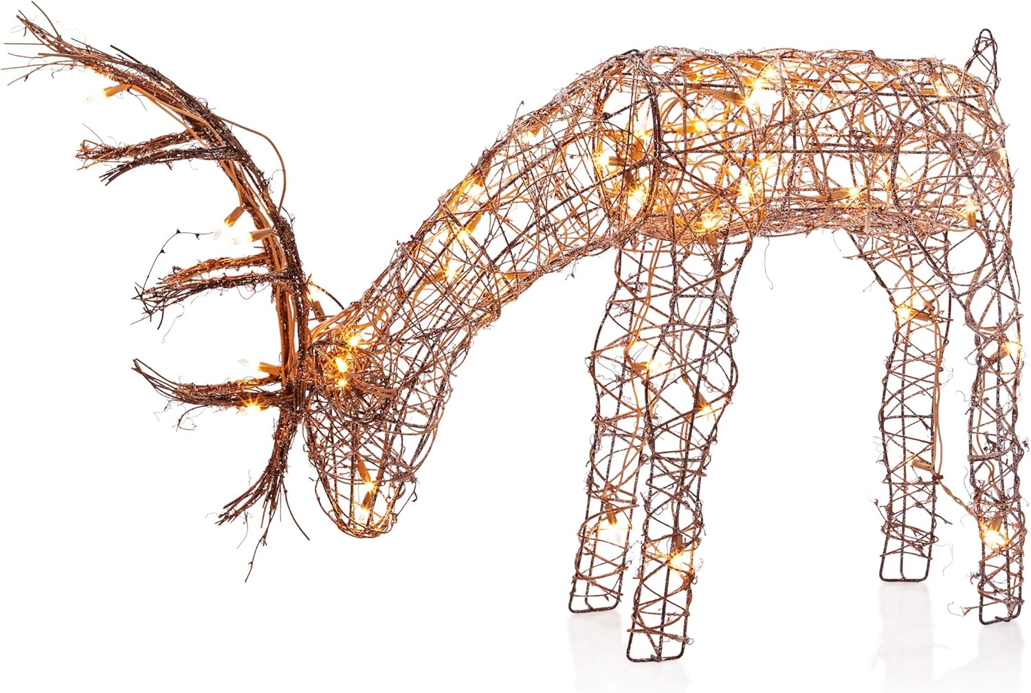 Alpine Corporation 24 Tall Outdoor Rattan Grazing Reindeer Lawn Decoration with White LED Lights, Christmas Yard Decor, Holiday Garden Display