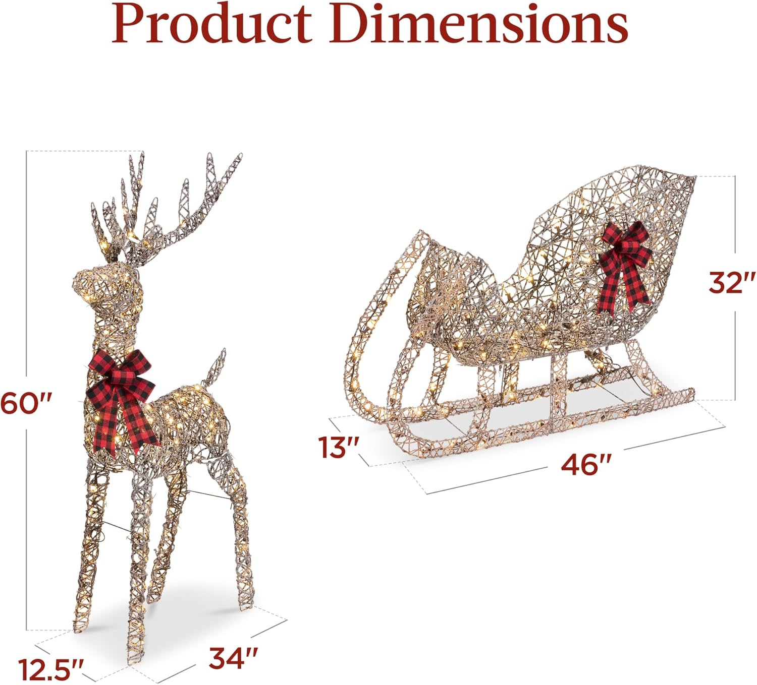 Best Choice Products Lighted Christmas 4ft Reindeer & Sleigh Holiday Outdoor Yard Decoration Set w/ 205 LED Lights, Stakes, Zip Ties - Gold