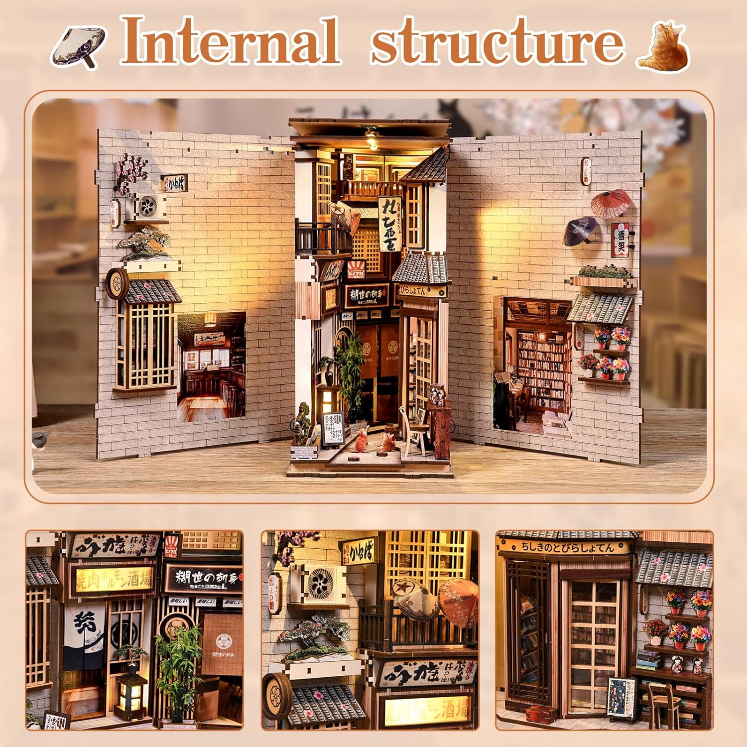 CRIOLPO Book Nook Kit - DIY Doll House Booknook, Book Nook Miniature Kit for Bookshelf Doll Houses for Adults Teen Halloween, 3D Wooden Puzzle Bookends with Sensor Led Light