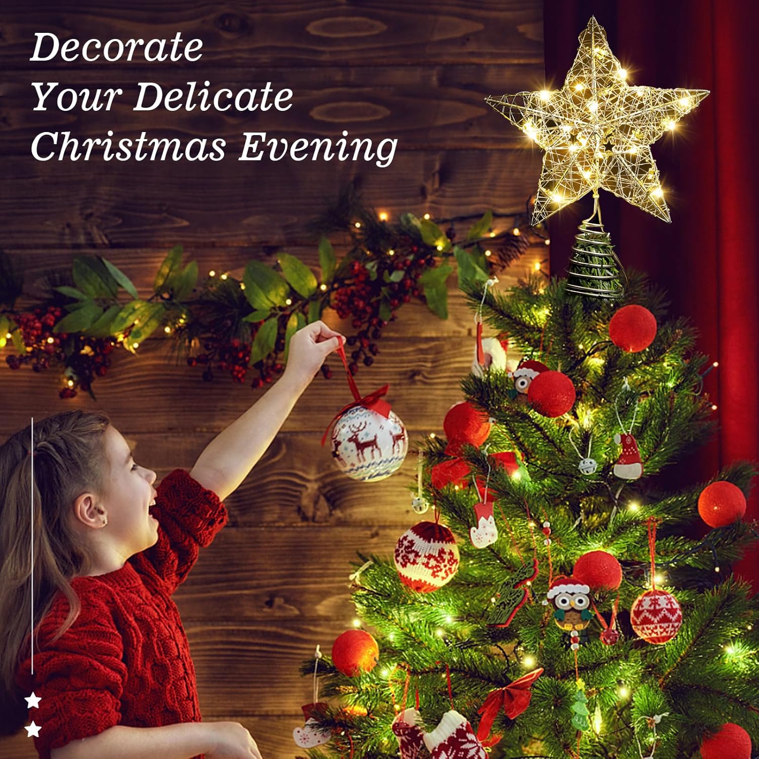 Roylvan Christmas Star Tree Topper with 8 Lighting Modes, USB Lighted Tree Topper with 20 LED Lights, Shiny Treetop Christmas Tree Decoration for Indoor Outdoor Holiday Home Ornament Gift, 9.8 Inch(H)