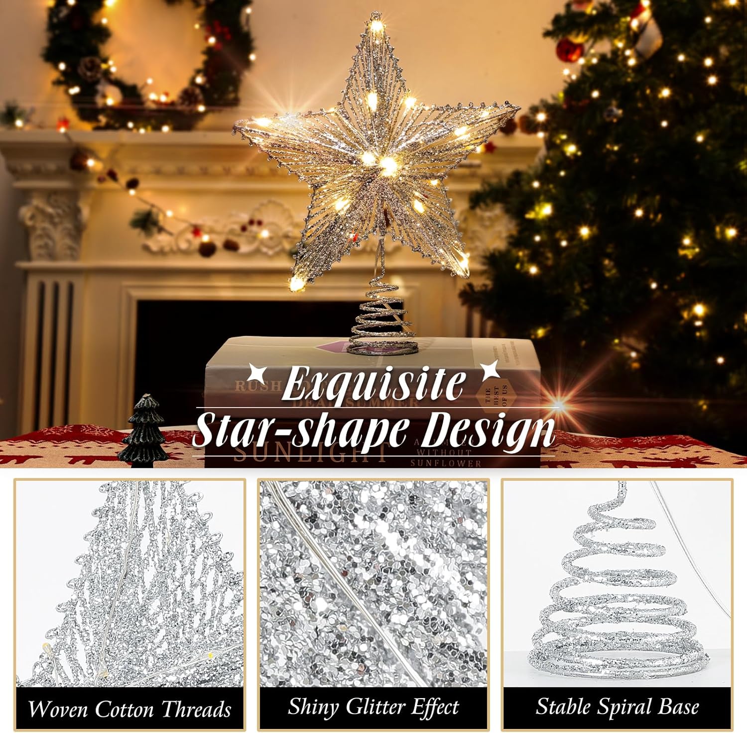 Roylvan Christmas Star Tree Topper with 8 Lighting Modes, USB Lighted Tree Topper with 20 LED Lights, Shiny Treetop Christmas Tree Decoration for Indoor Outdoor Holiday Home Ornament Gift, 9.8 Inch(H)